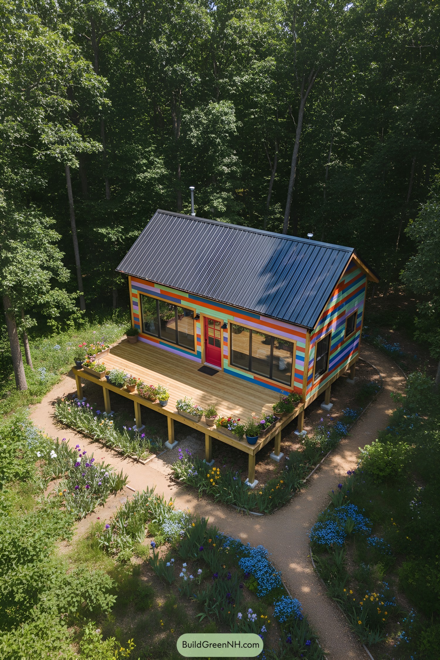 Vivid cottage with colorful slats surrounded by greenery