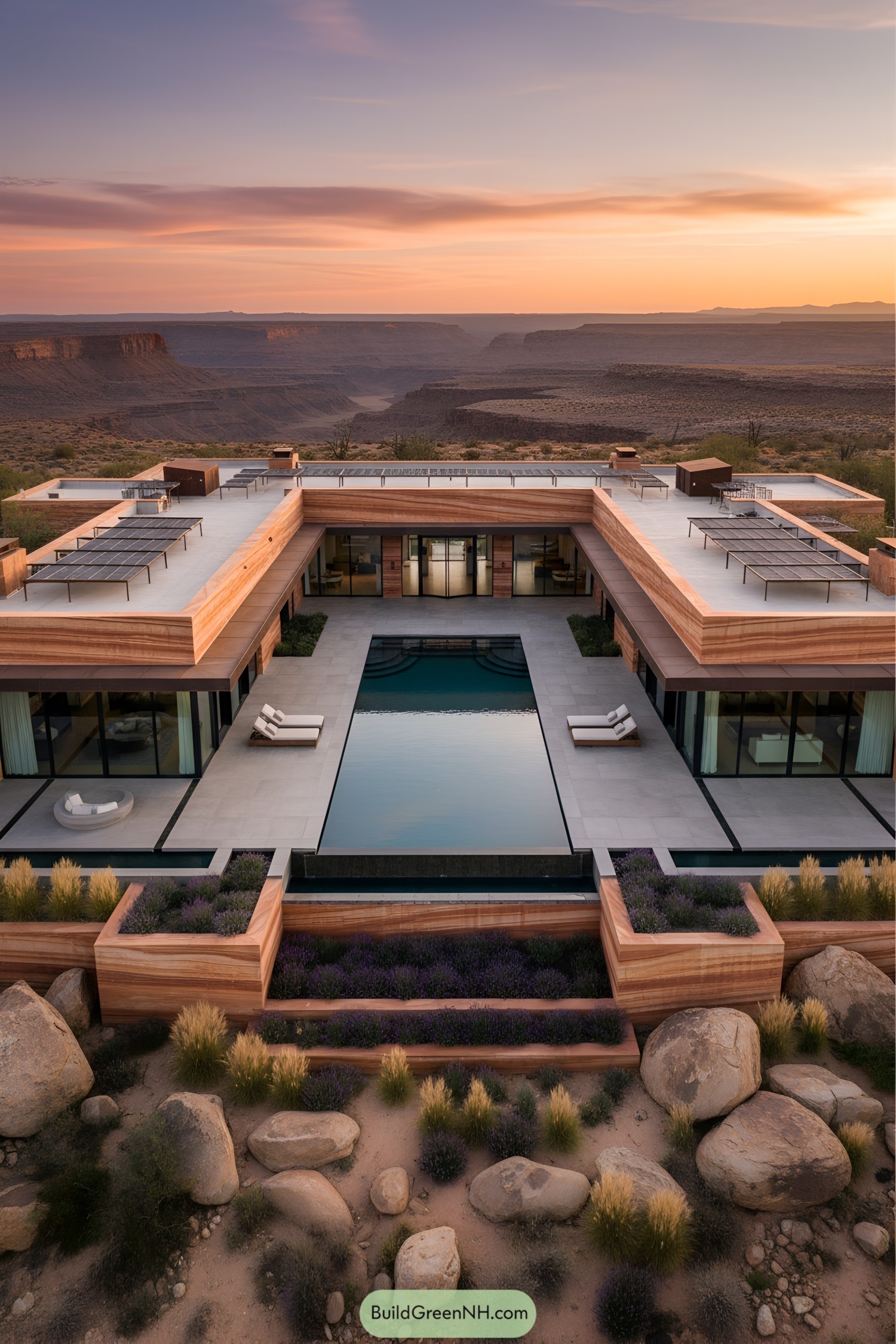 Modern house with stone facade and pool in a desert landscape
