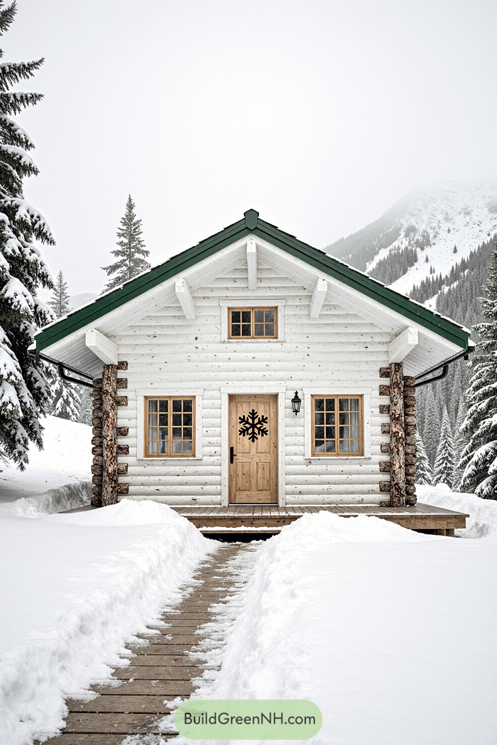 Cozy wooden cabin surrounded by snow-covered trees and mountains