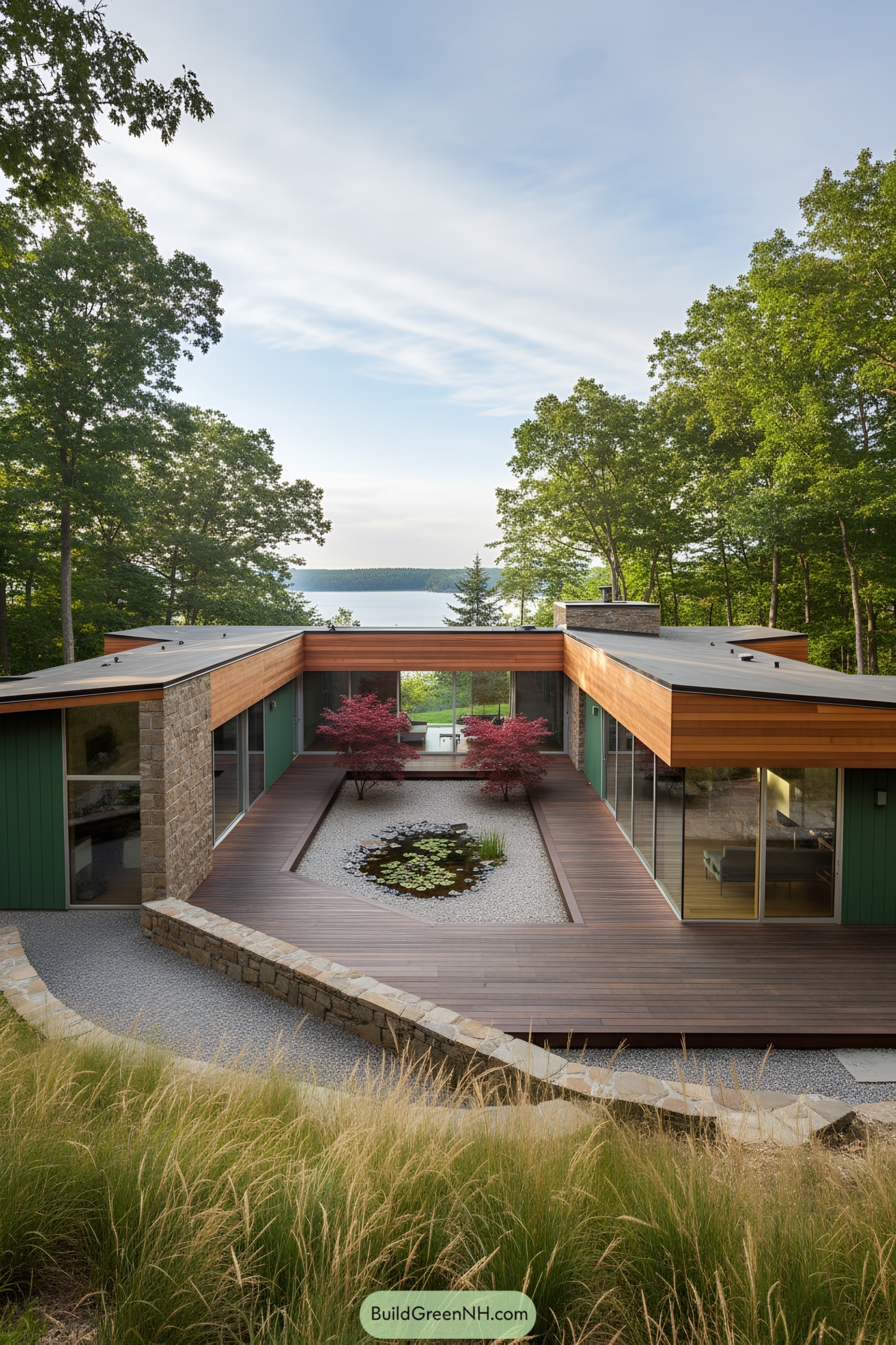 U-shaped modern house on a hill with a central courtyard featuring a pond