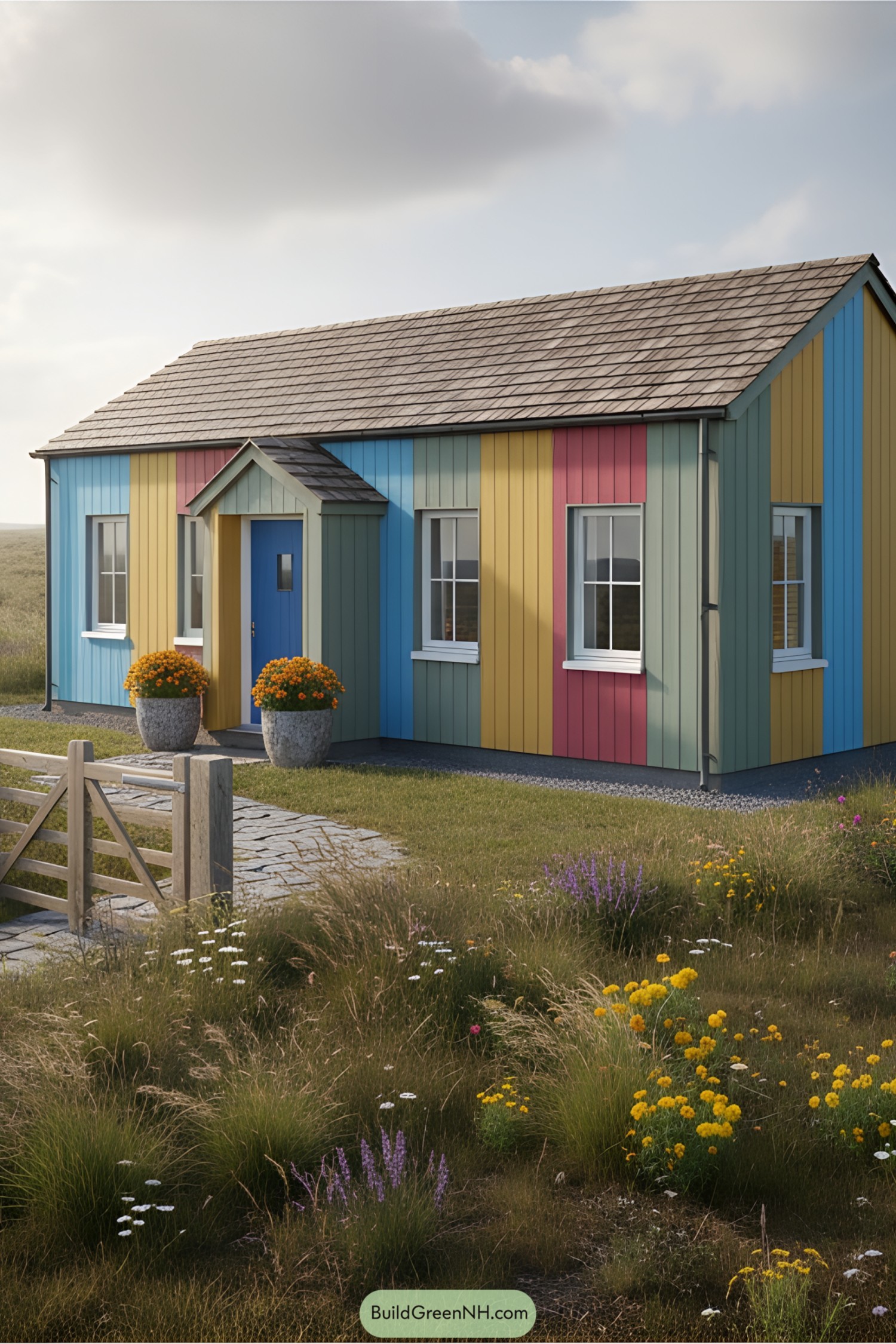 Cottage with colorful vertical slats and a quaint entrance