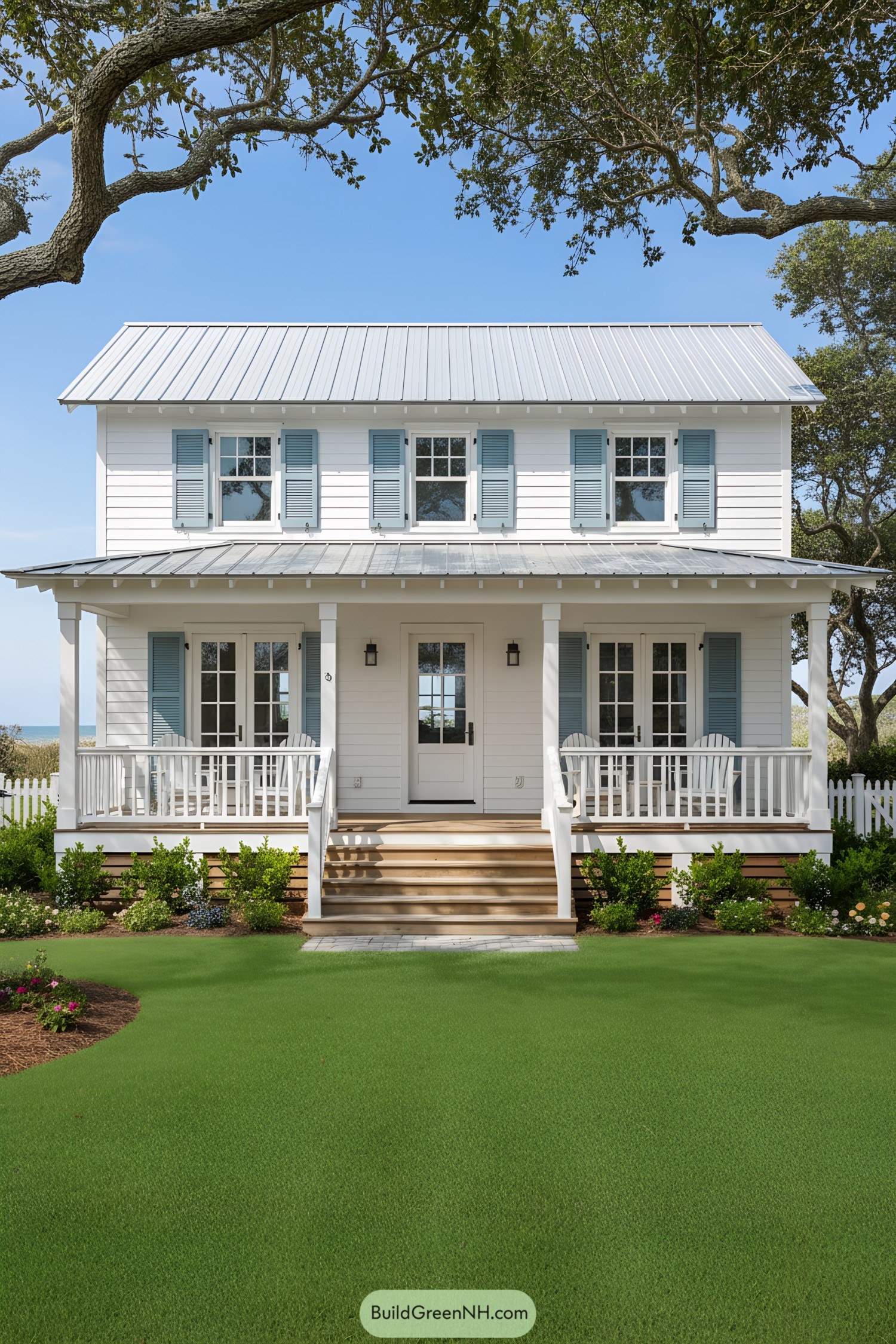 White beach cottage with blue shutters