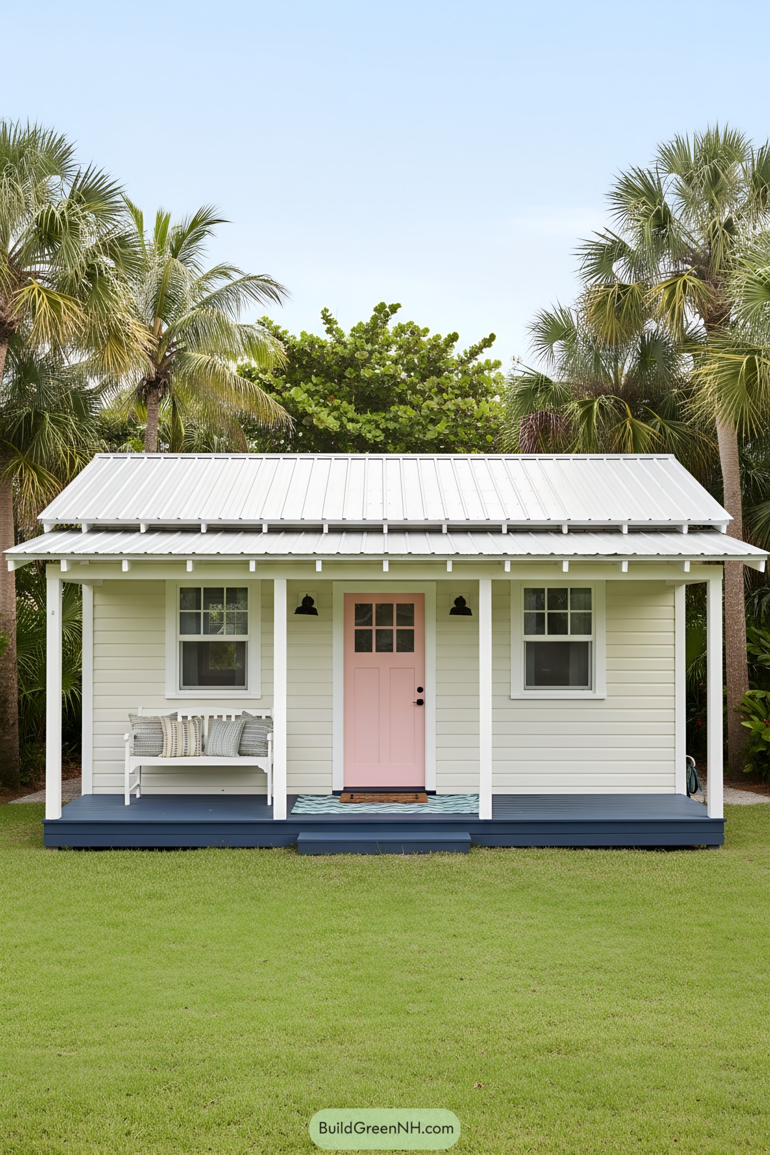 Coastal cottage with a pink door and palm trees