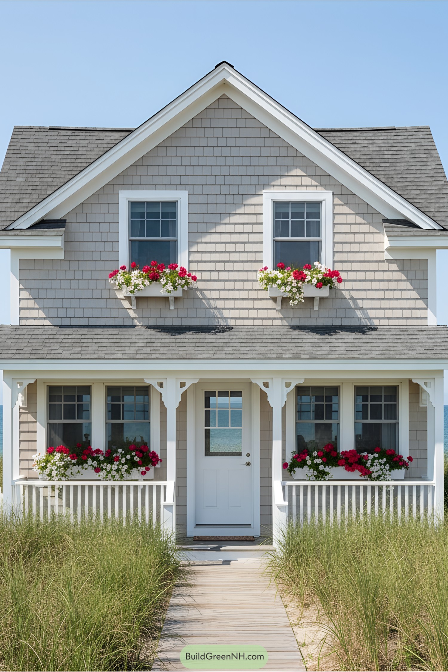 Charming beach cottage with flower boxes and porch