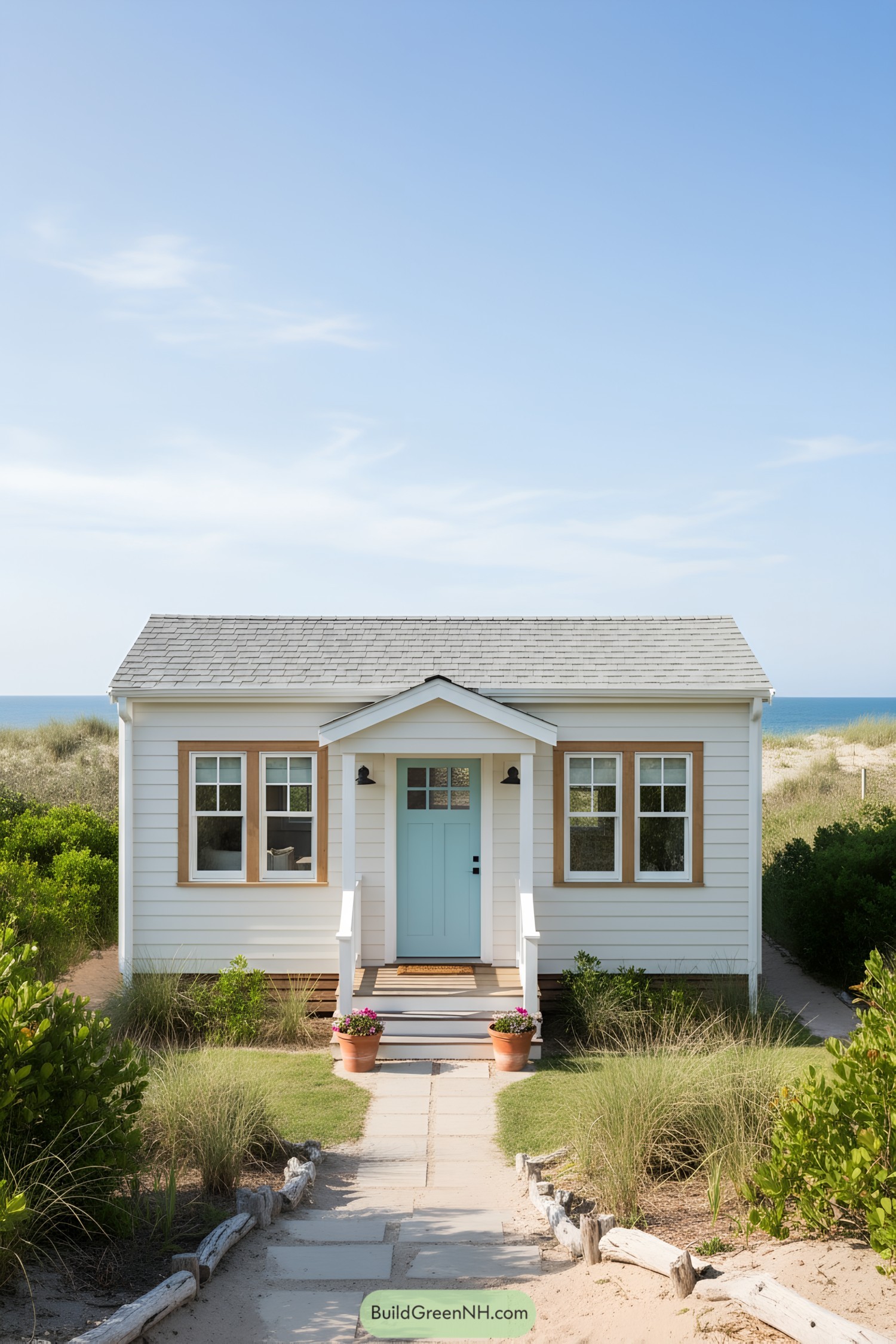 Small beach cottage with light blue door and sandy path