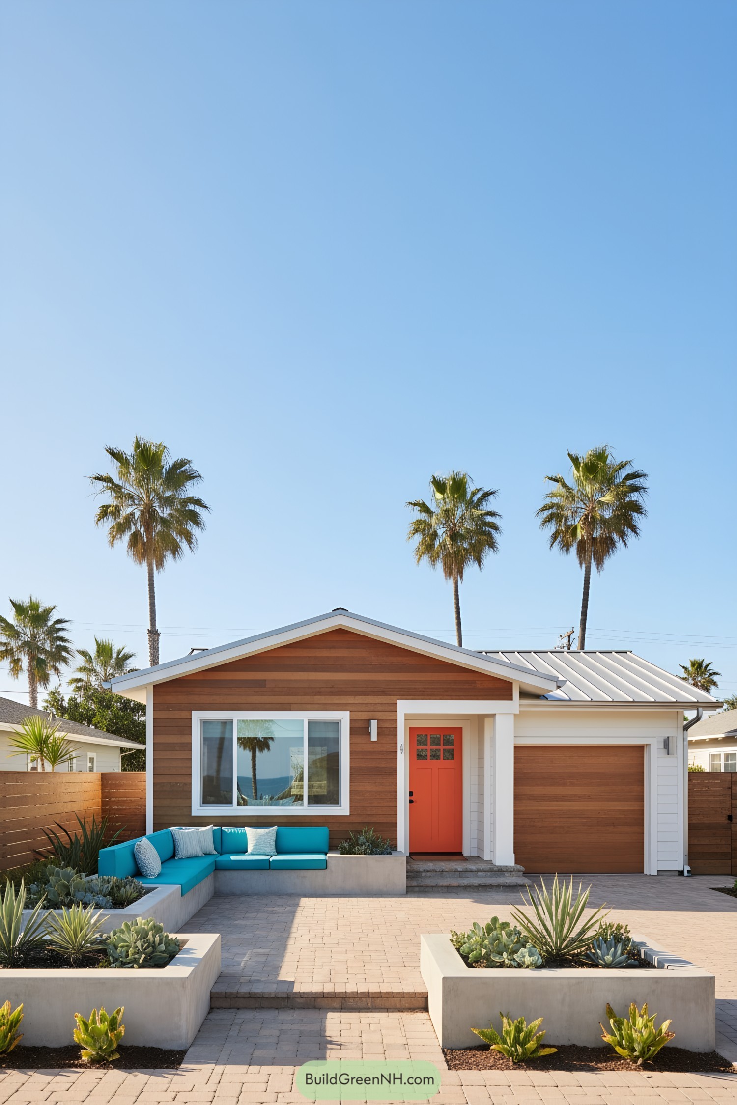Charming beach cottage with modern accents and palm trees