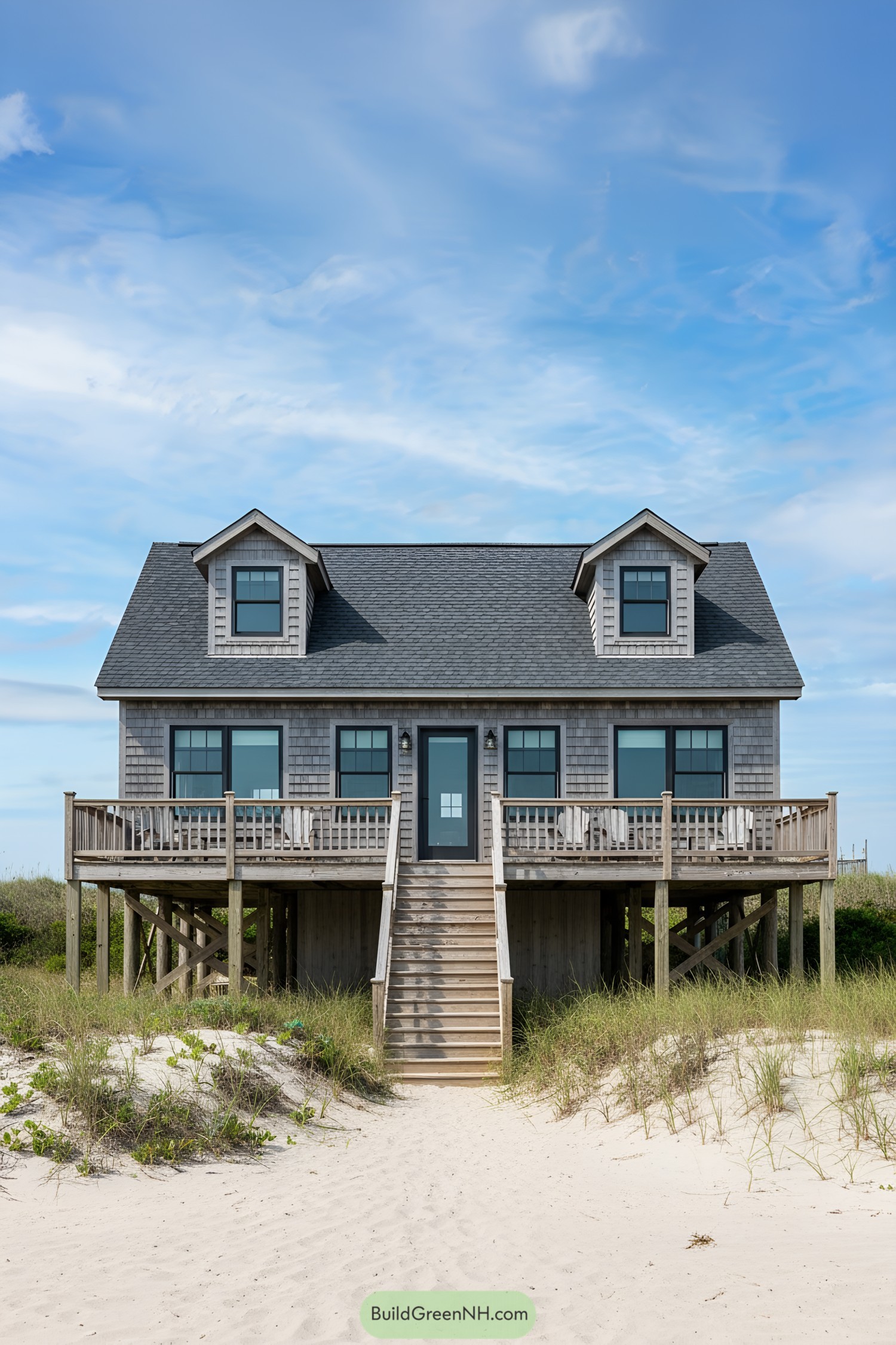 Wooden beach house with stairs leading to sandy path