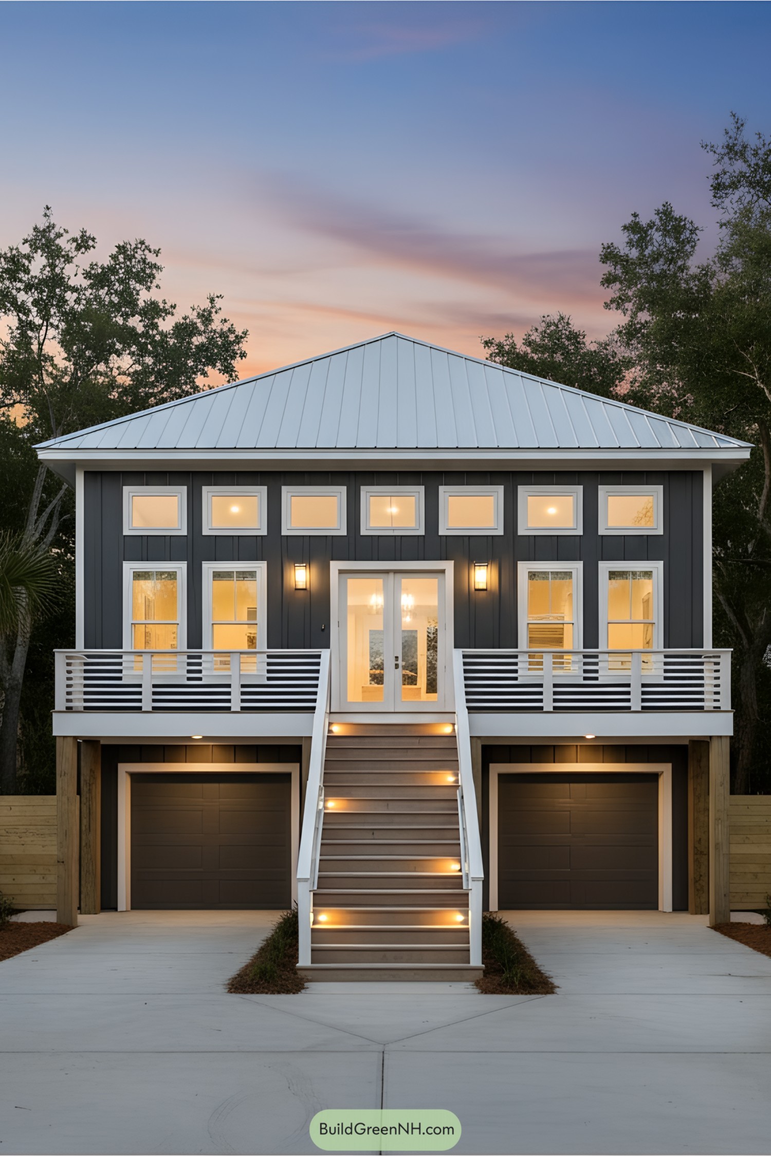 Modern beach house with large front porch and a sunset backdrop