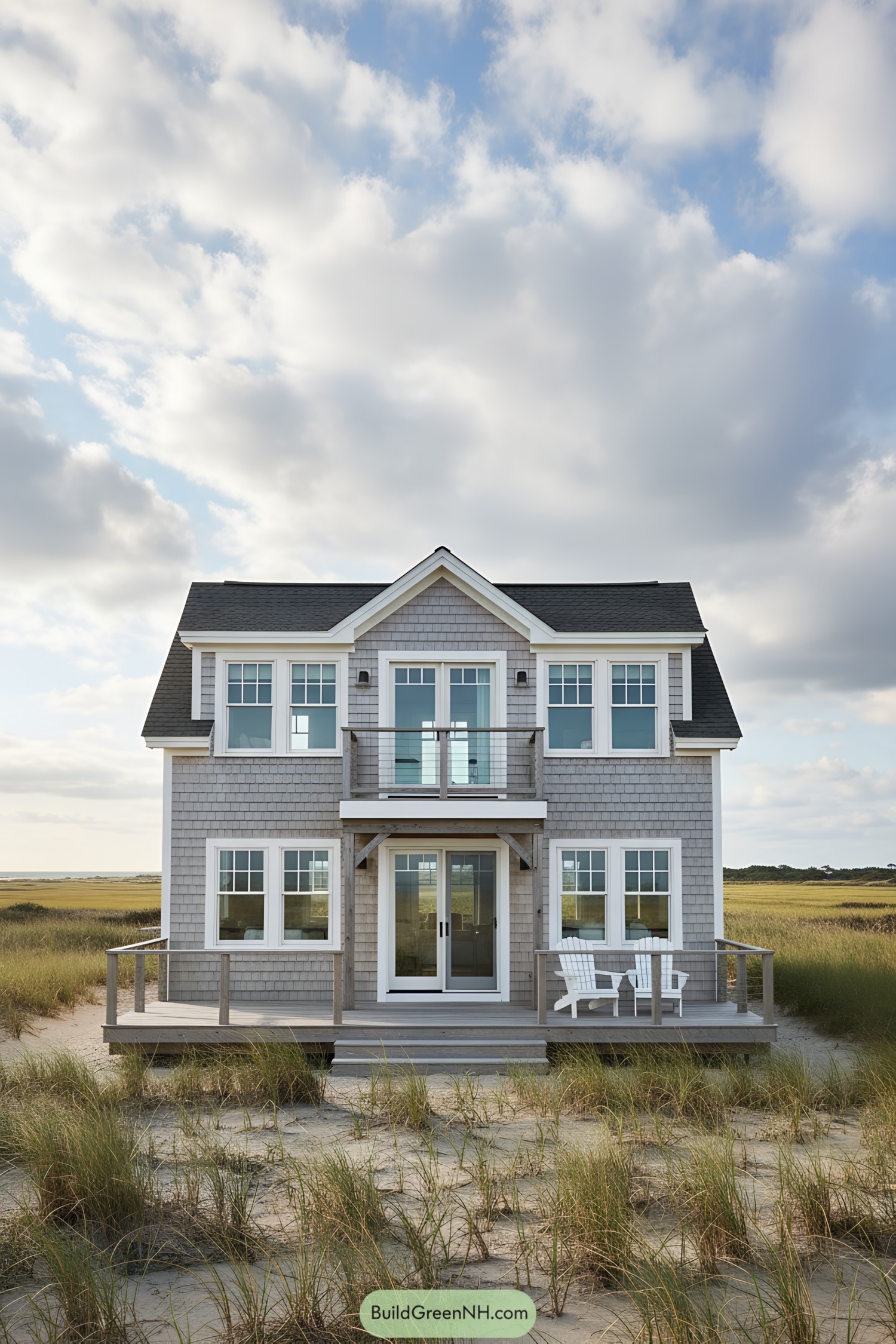 Two-story beach cottage with gray siding and white trim
