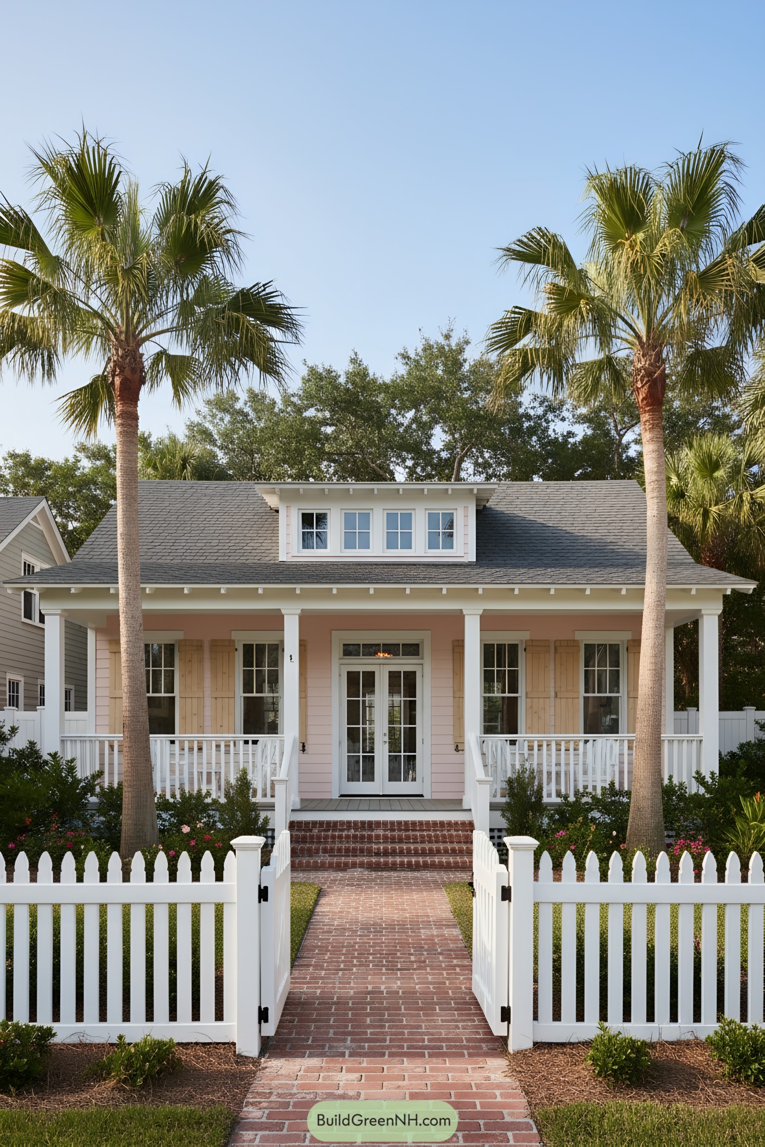 Pastel cottage with palm trees and white picket fence