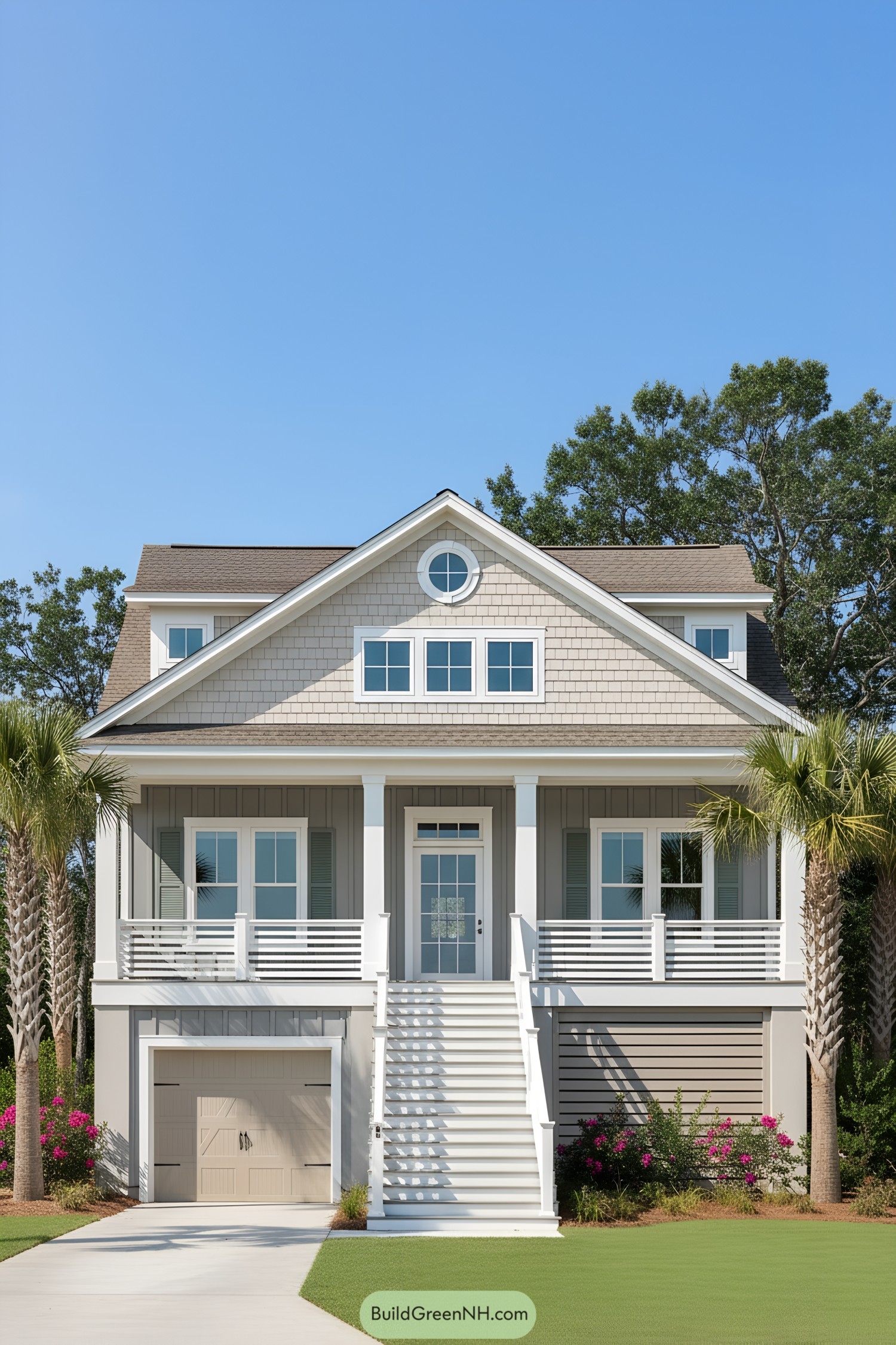 Charming beach cottage with palm trees and bright blue sky
