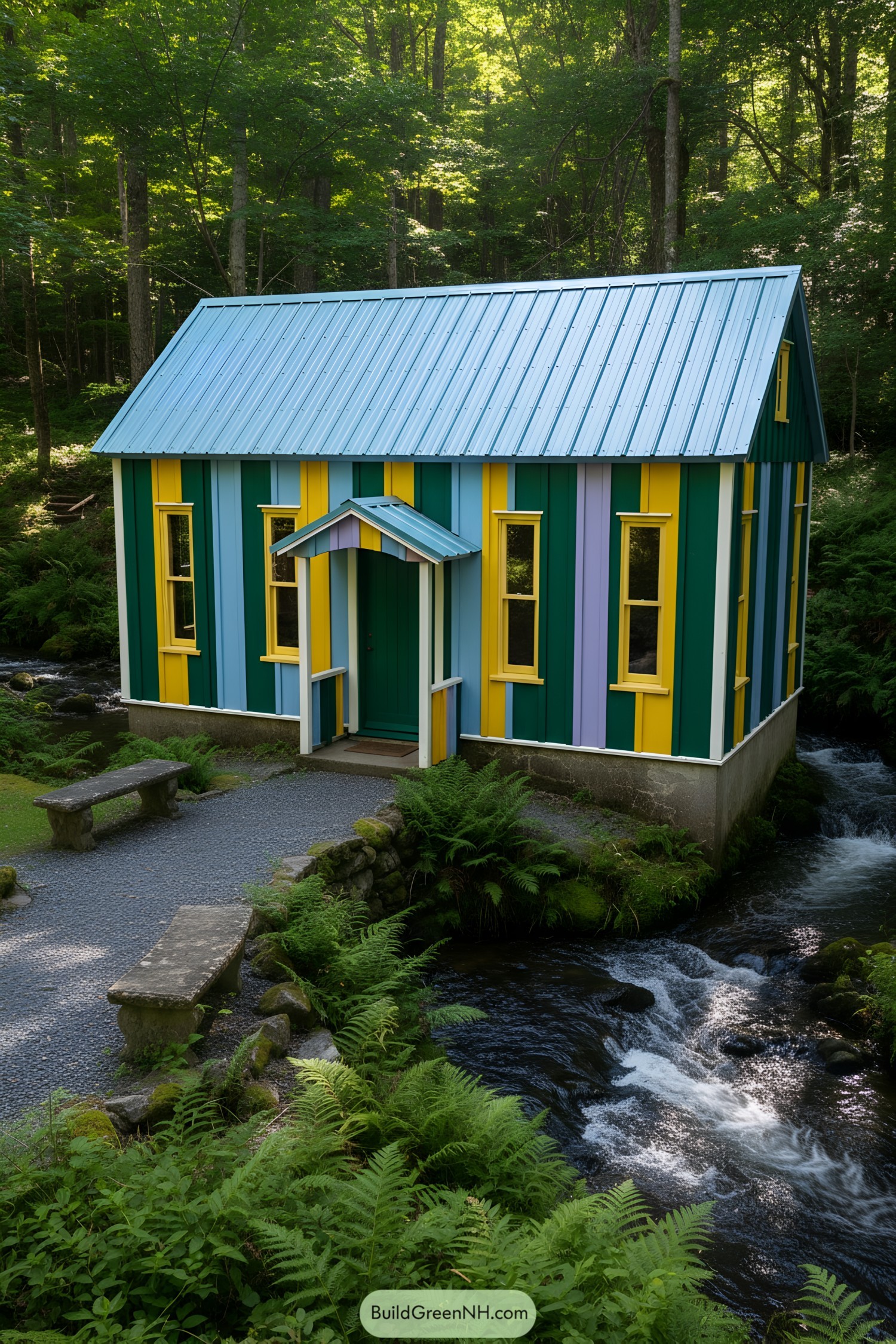 Colorful cottage with vibrant slats next to a bubbling creek