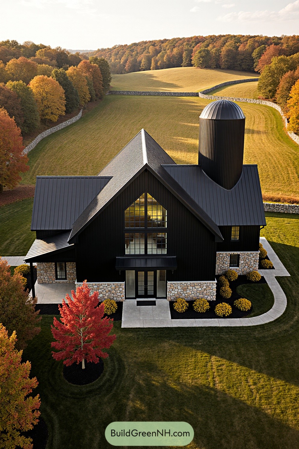 Black barndominium surrounded by vibrant autumn foliage