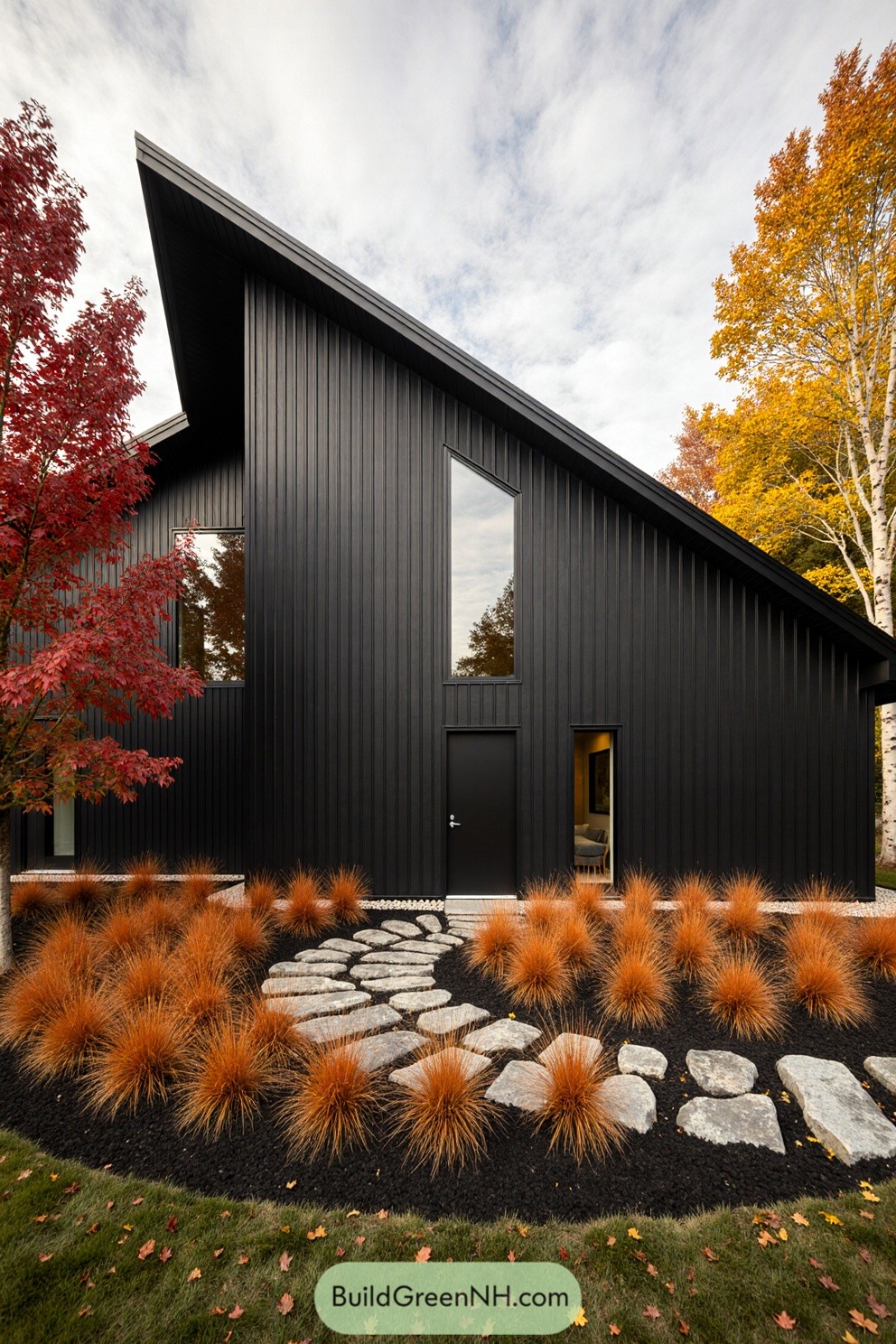Sleek black barndominium with colorful autumn trees