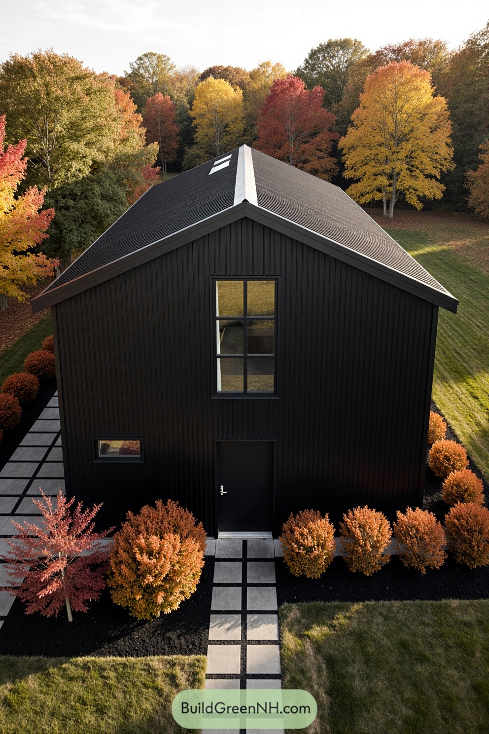 A sleek black barndominium surrounded by vibrant fall foliage