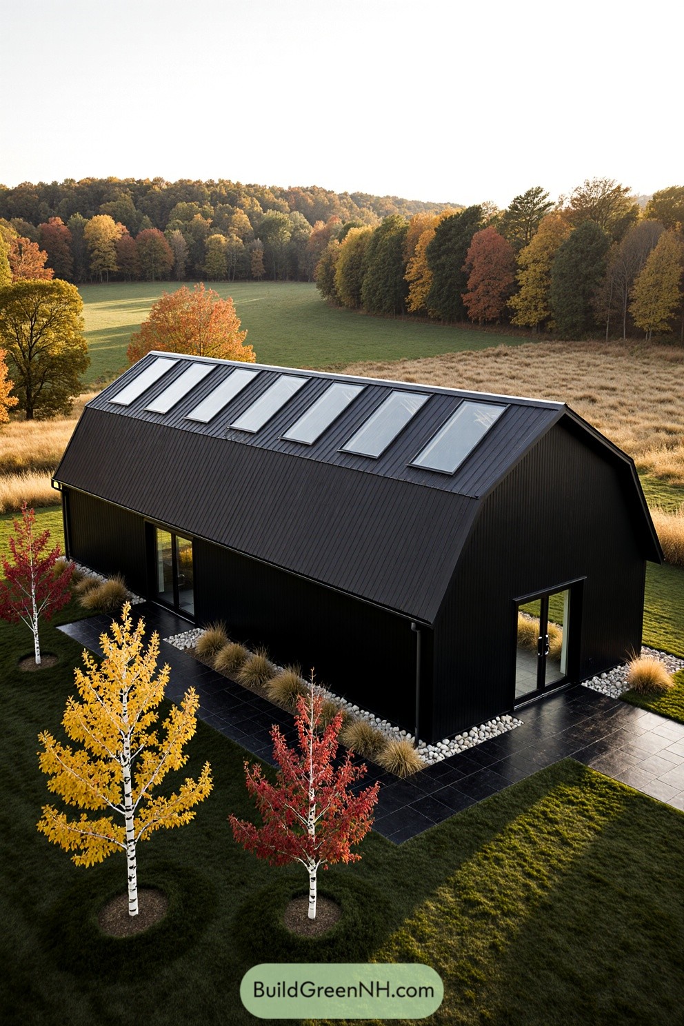 Black barndominium surrounded by colorful fall trees
