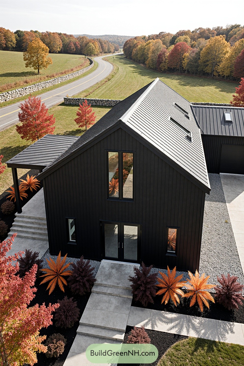Modern black house with autumn trees