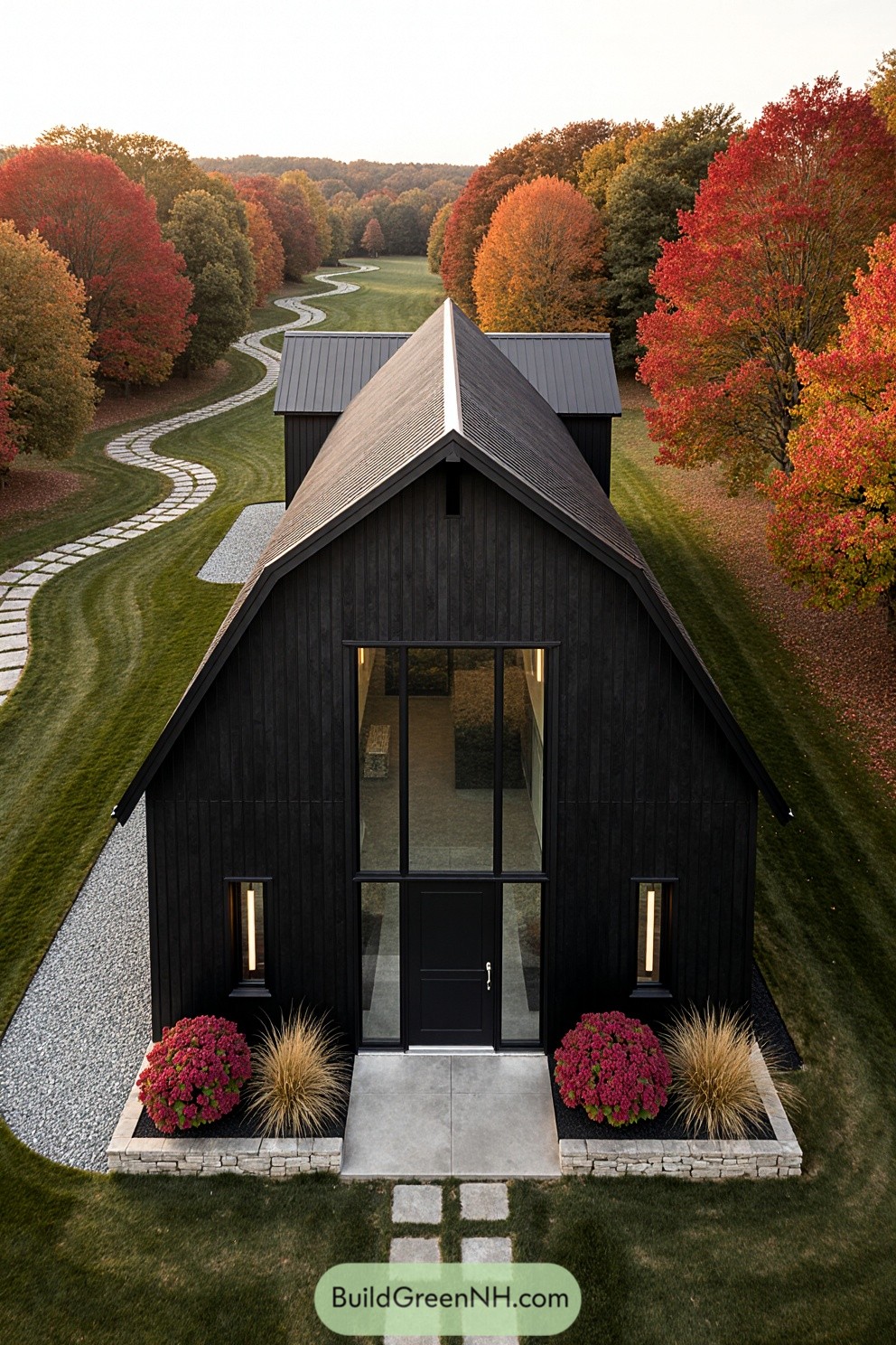 A modern black barndominium surrounded by vibrant fall foliage
