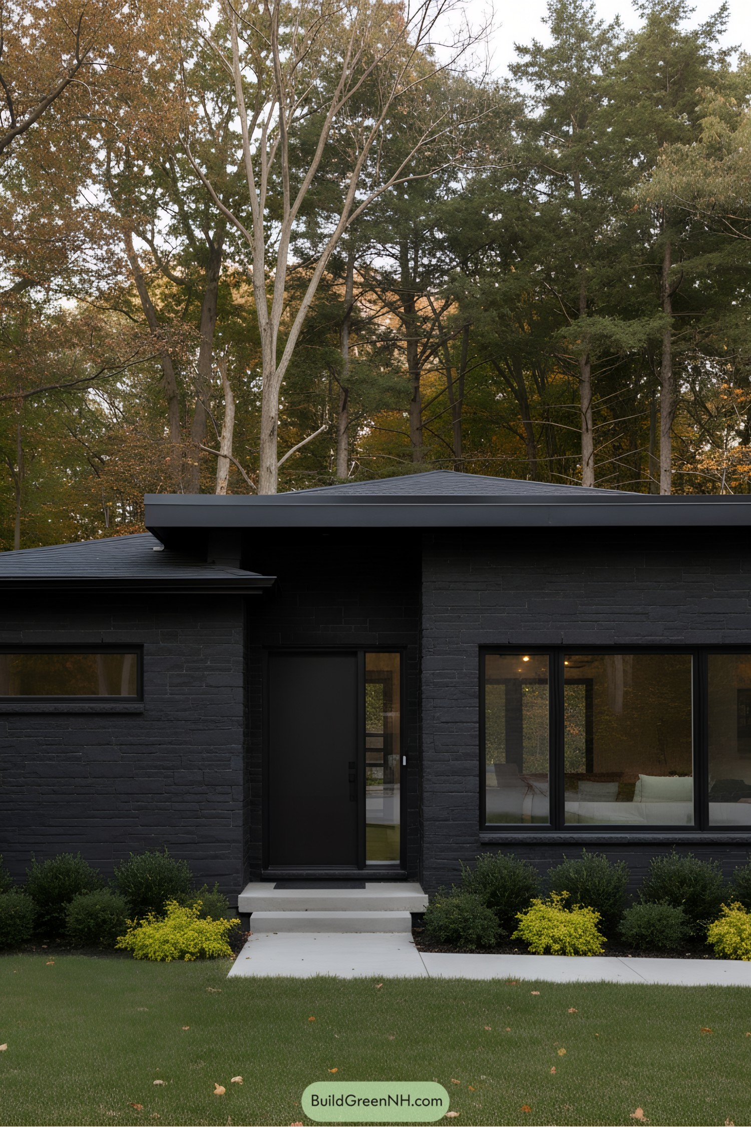 Black house with large windows and a simple yard