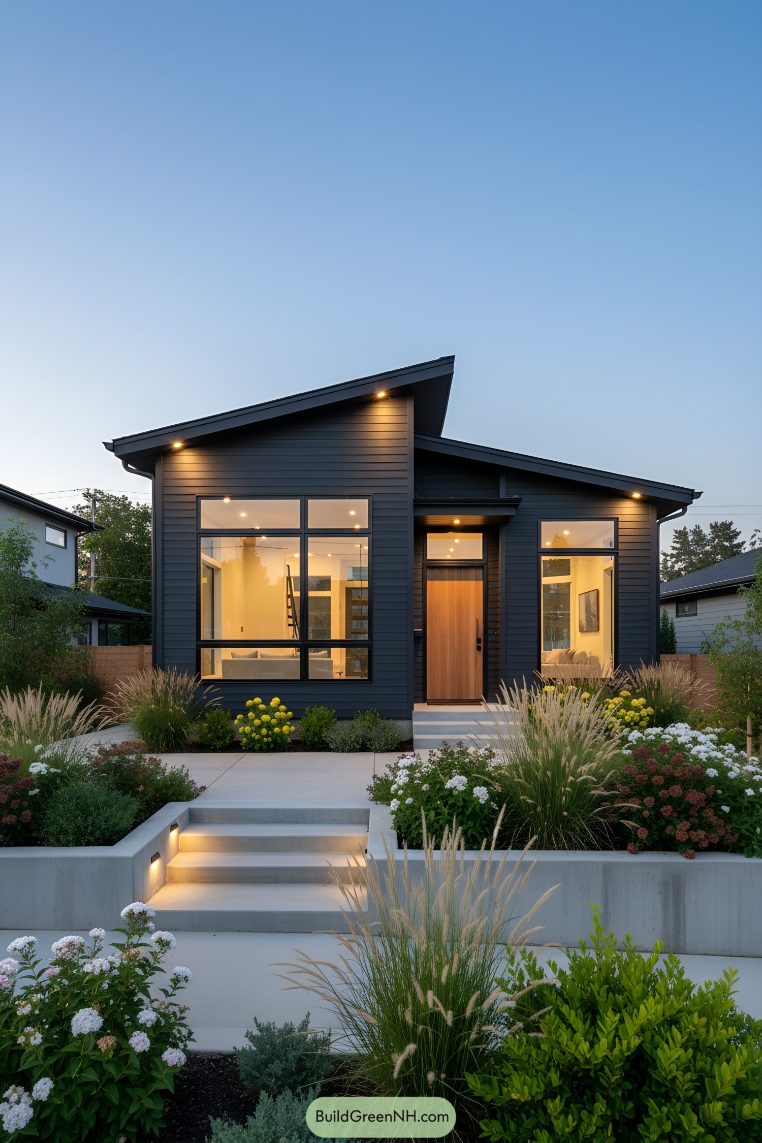 Sleek black suburban house at dusk