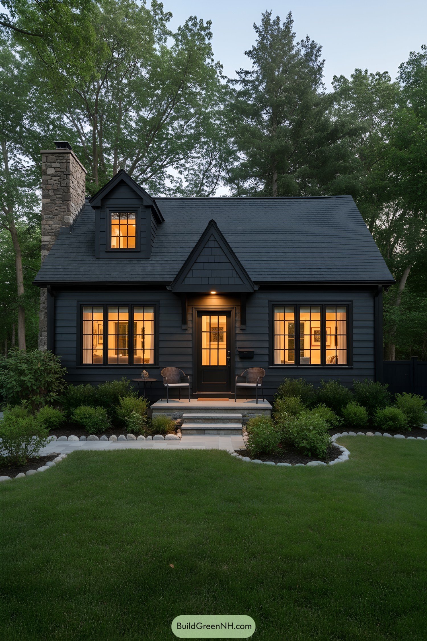 Black house with warm interior lighting, nestled among trees