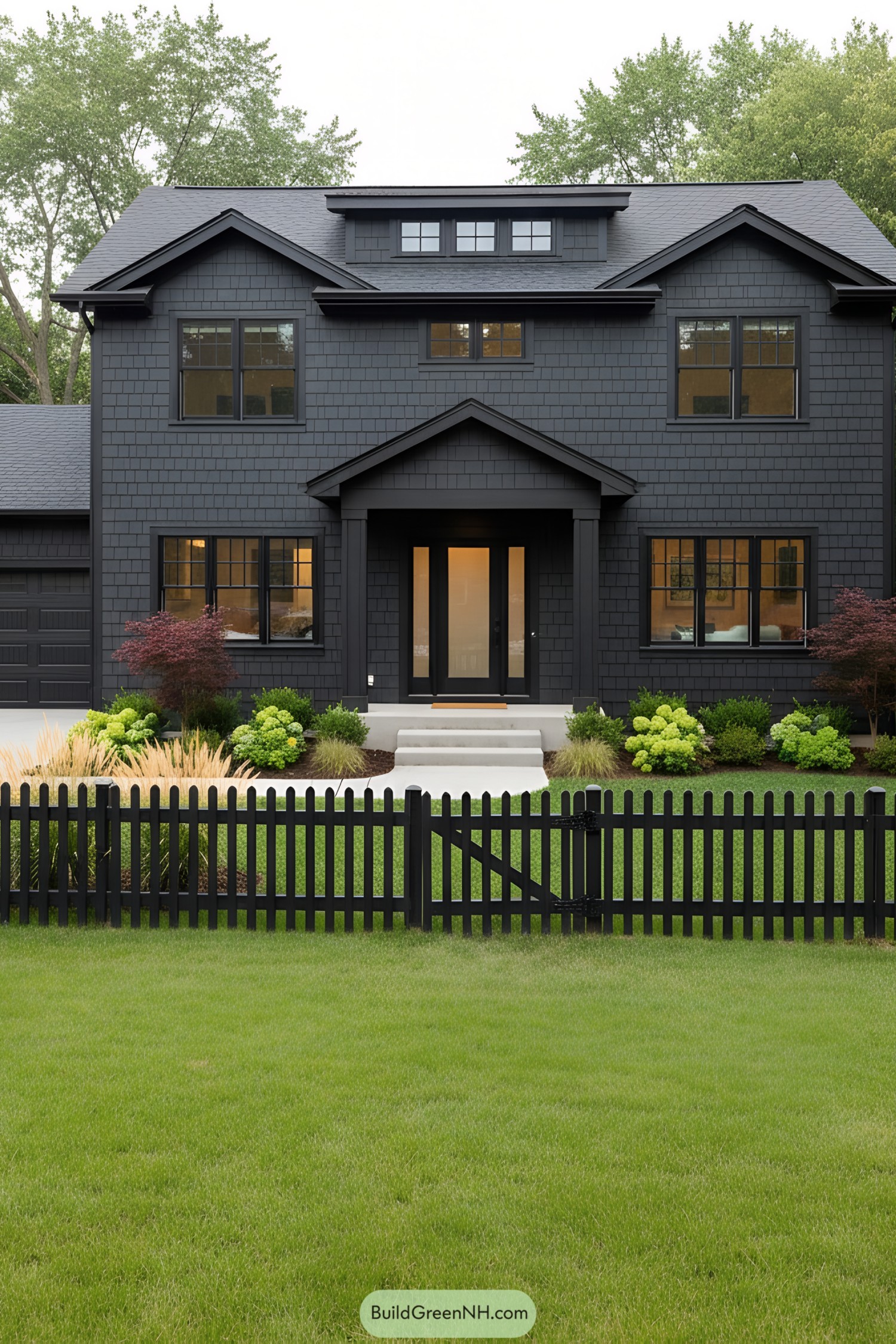 Modern black house with sleek design and vibrant garden