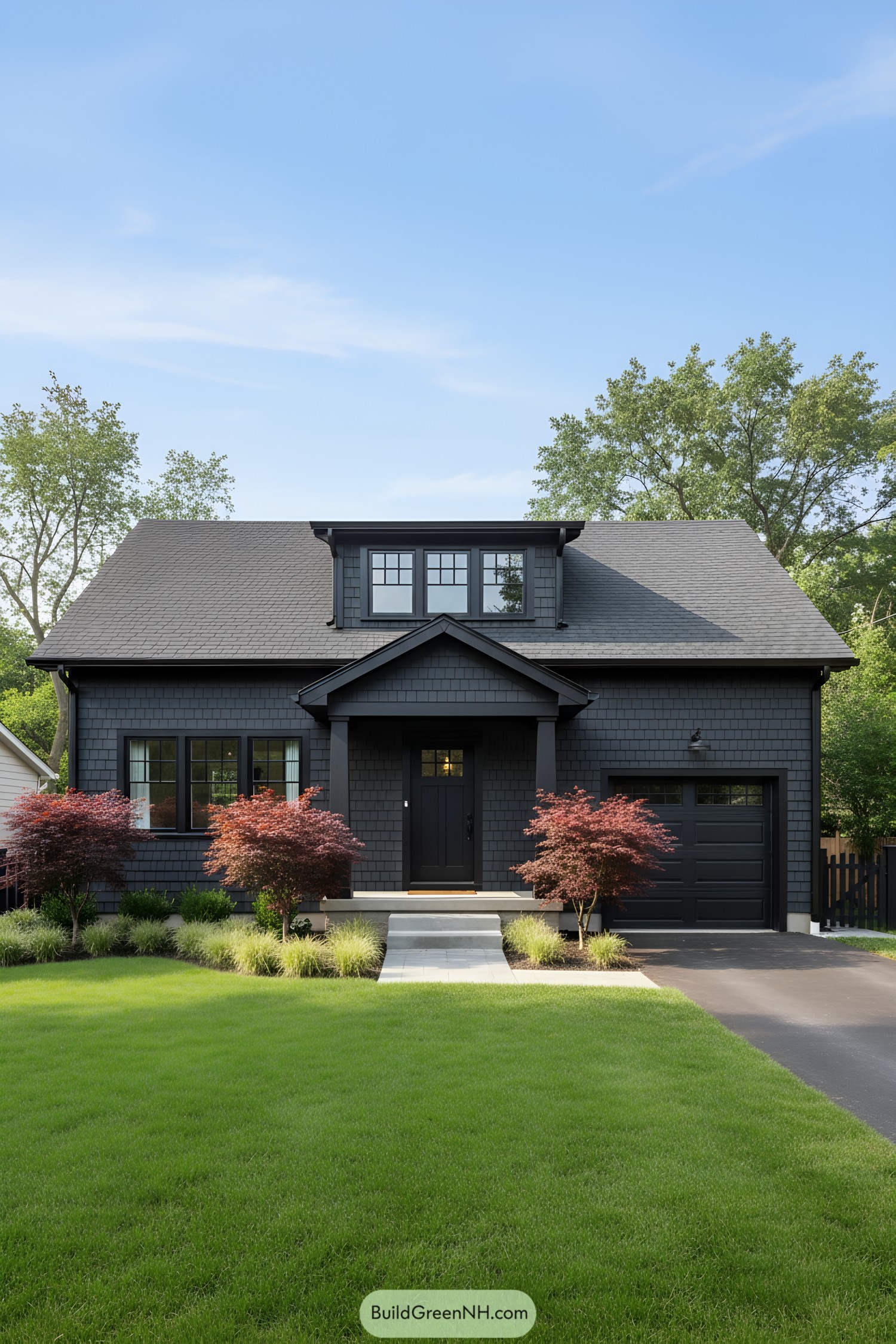 Chic black house with neat lawn and shrubs