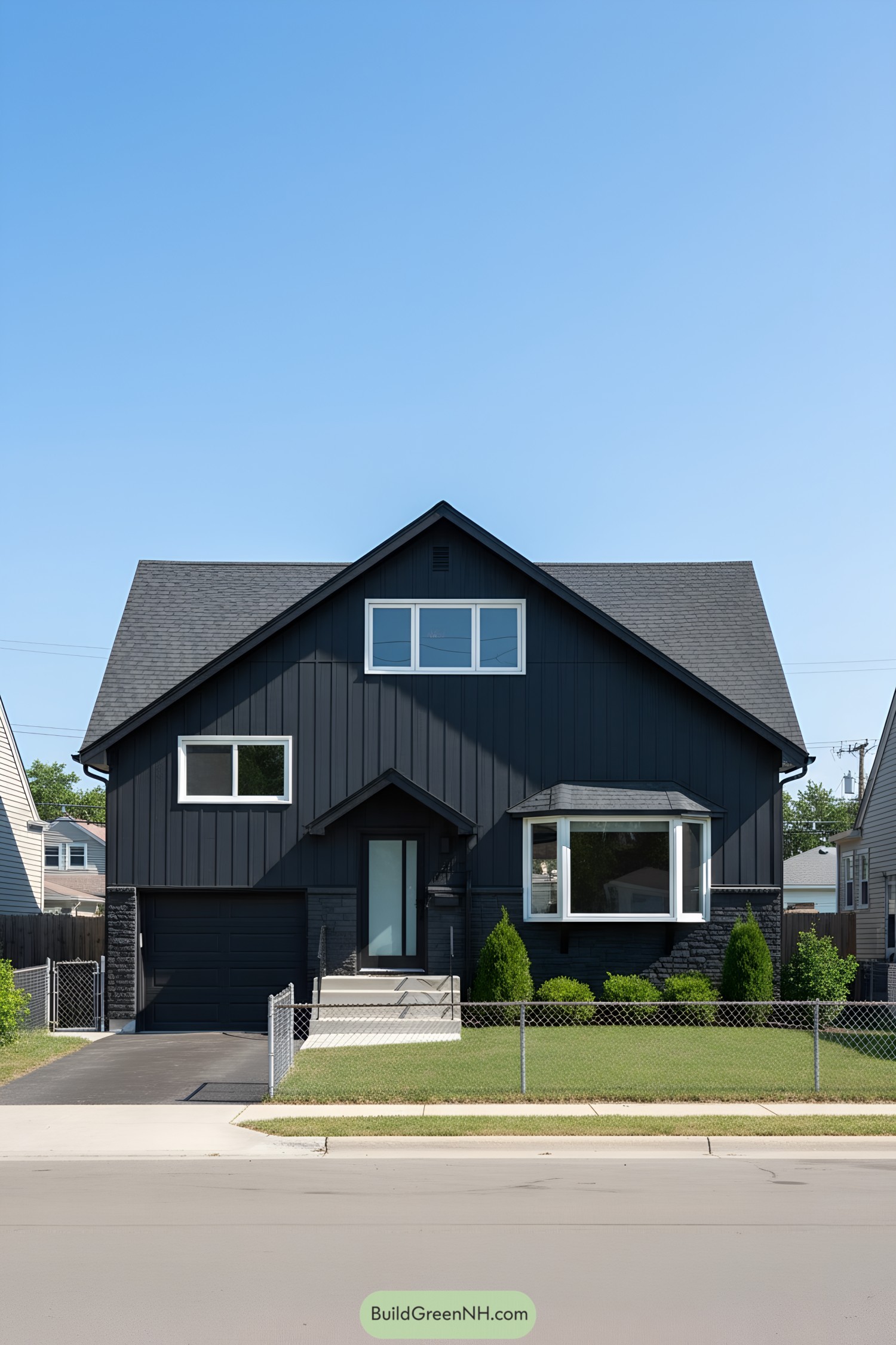 Black suburban house with steep roof and lush garden