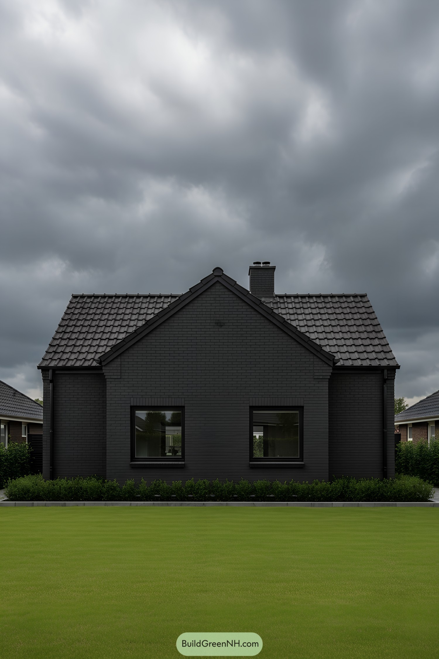 Sleek black suburban house with a stormy backdrop