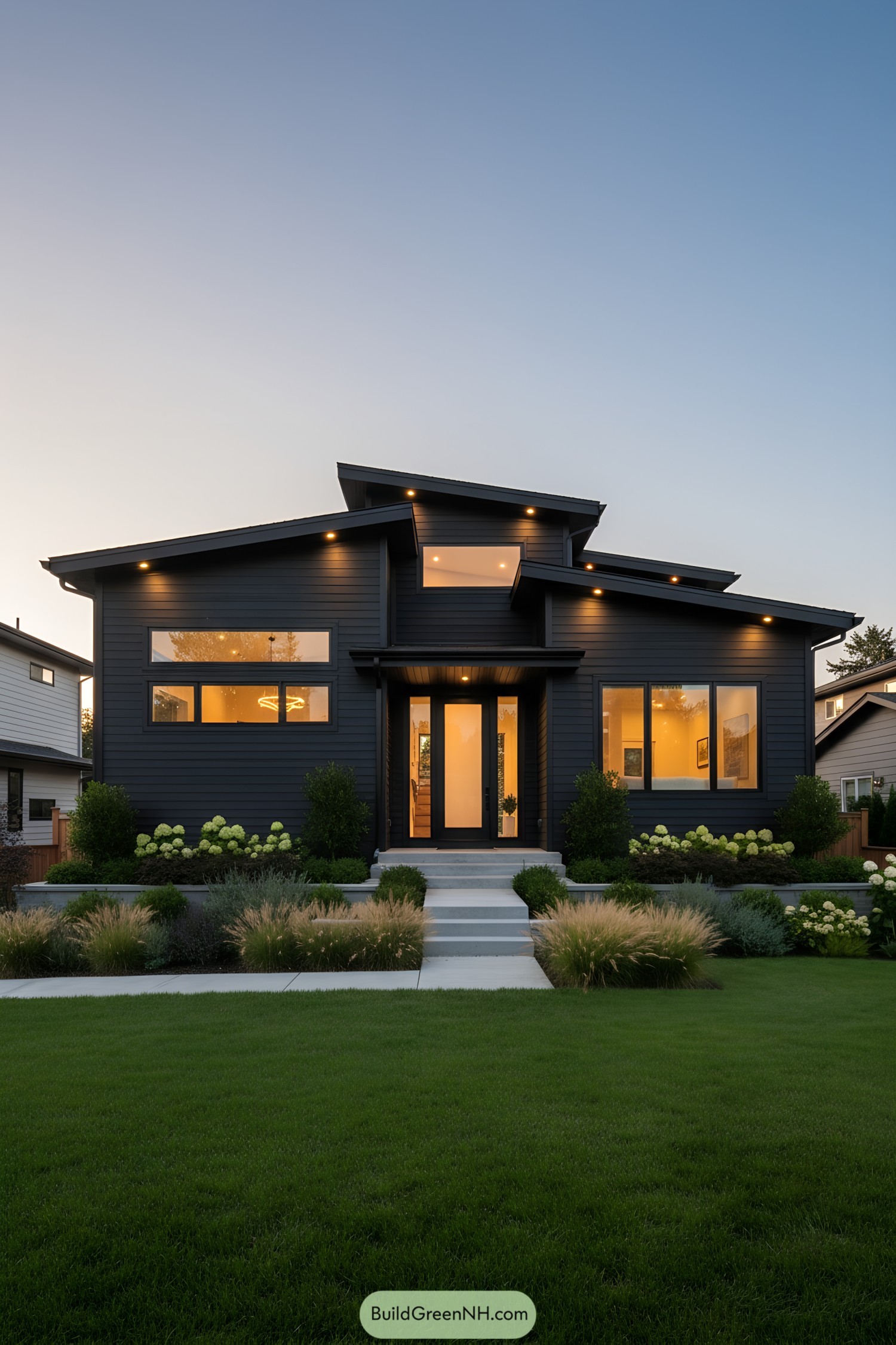 Modern black suburban house with landscape lighting
