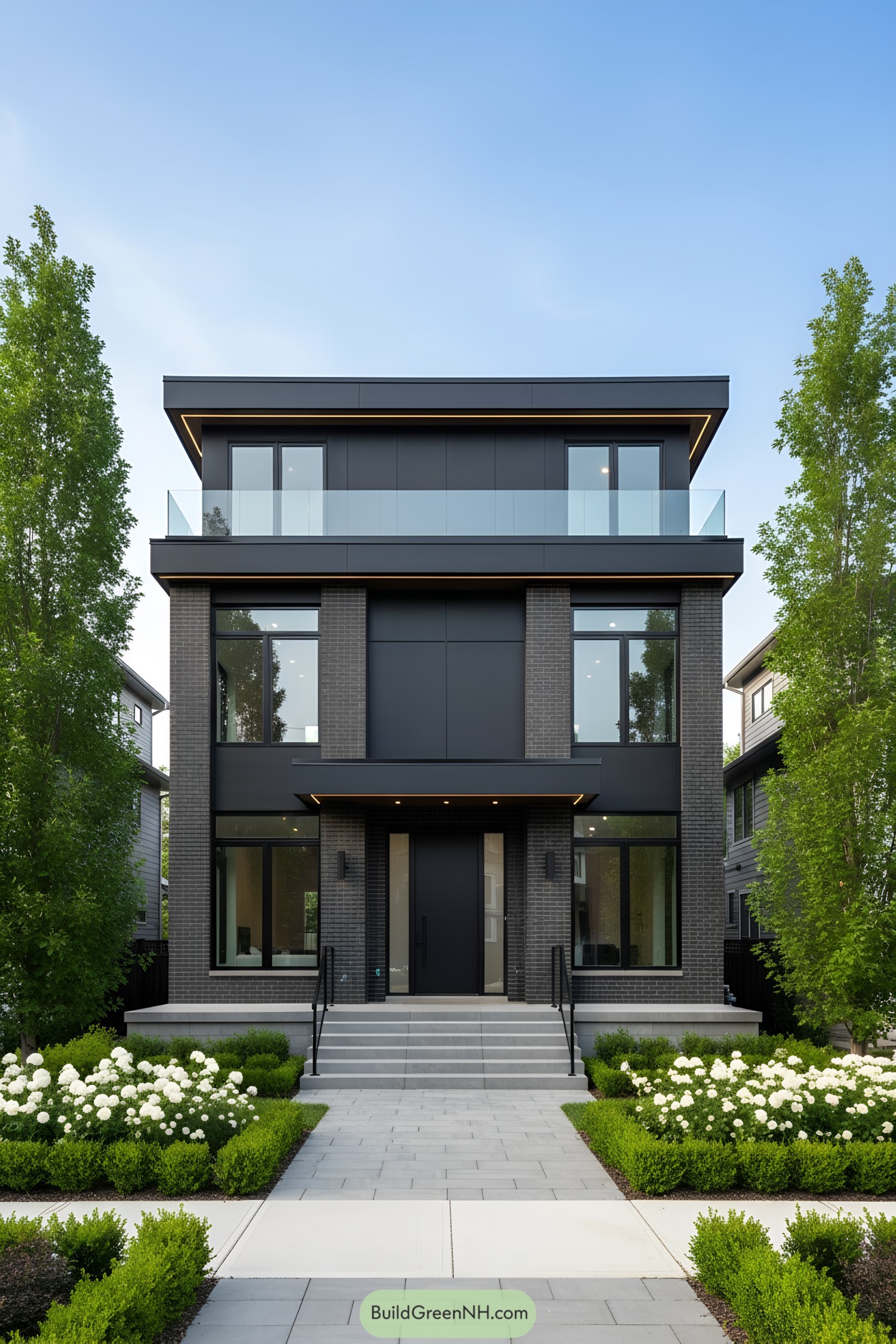 Contemporary black suburban house with large windows