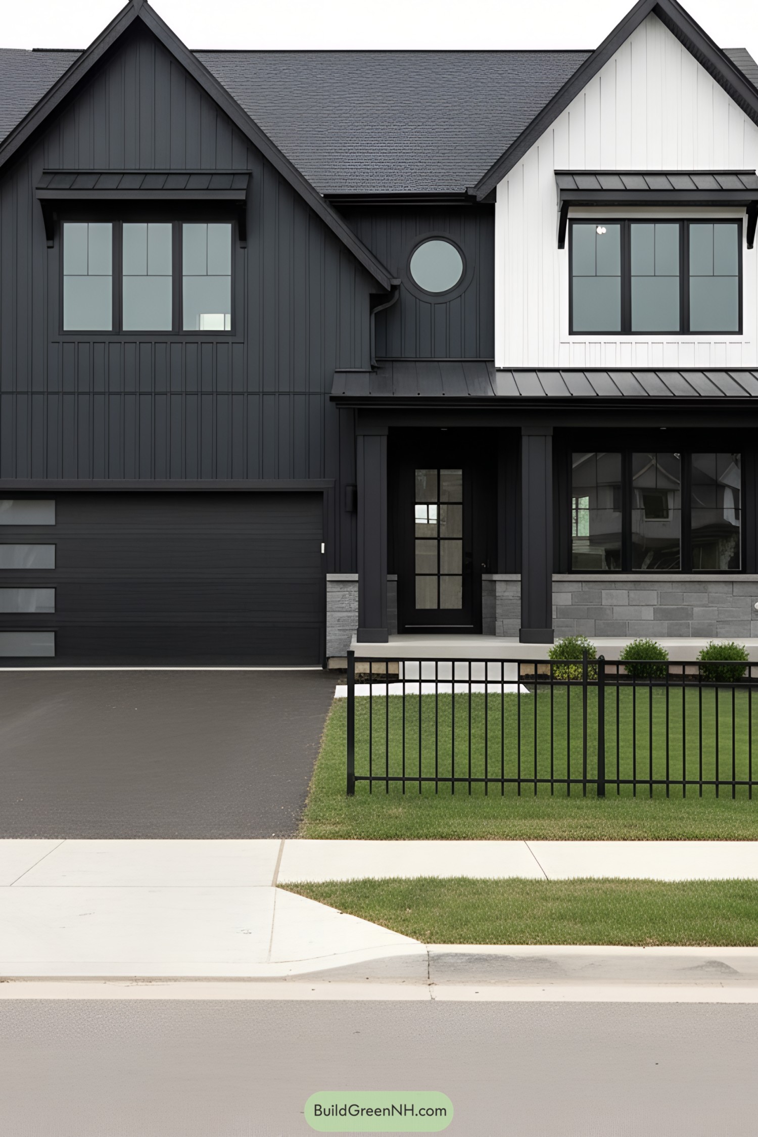 Modern black and white house with a tidy lawn