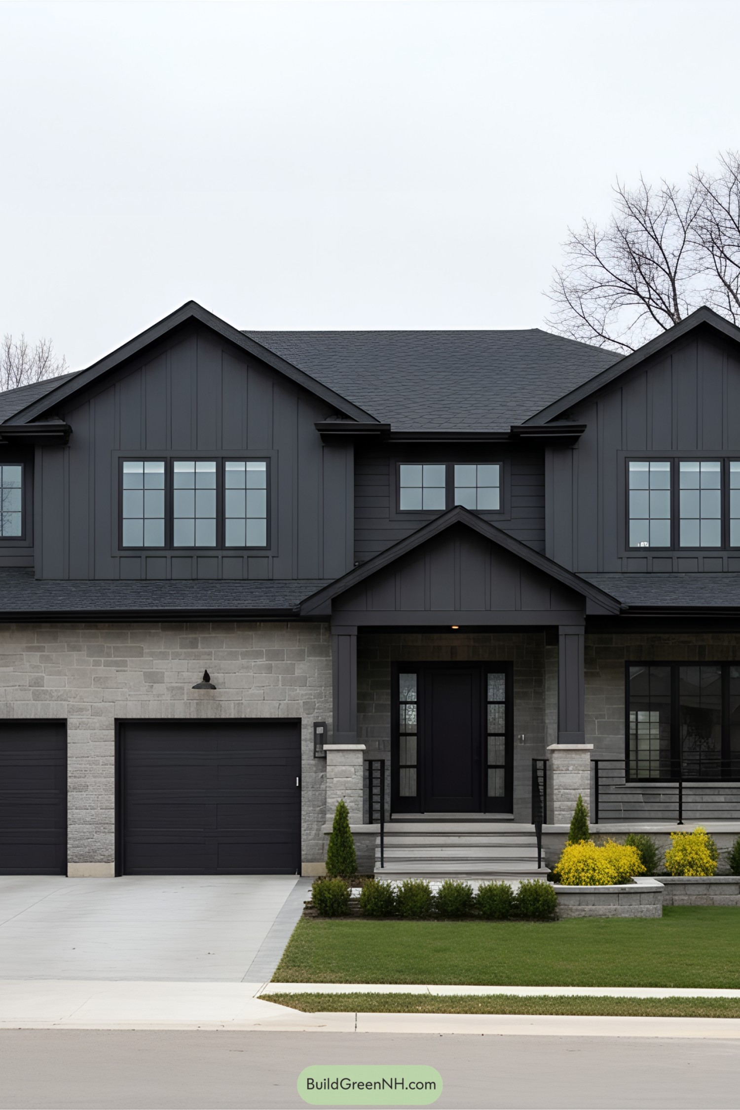 Sleek black suburban house with symmetrical design