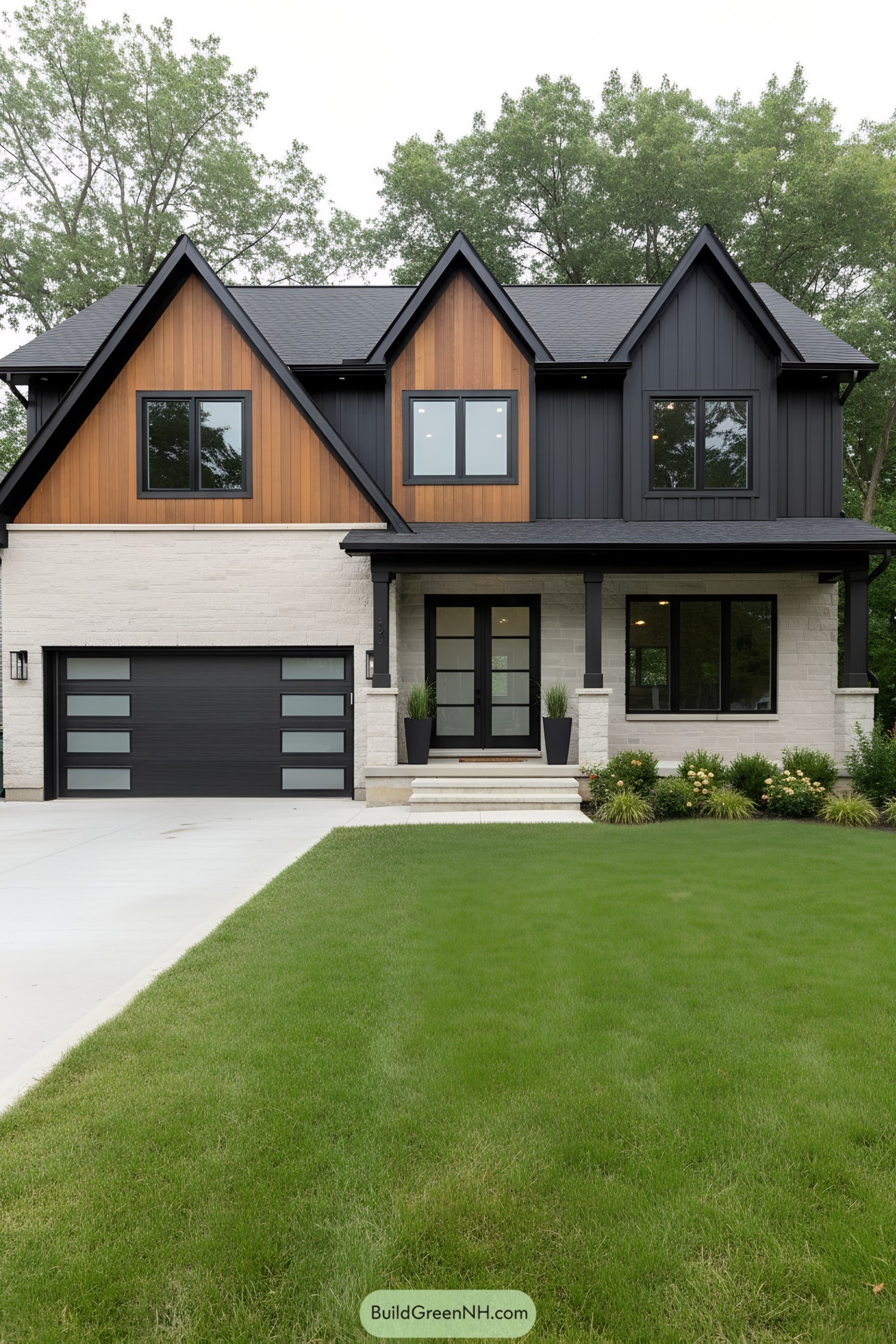 Black and wood-accented suburban house with lush lawn