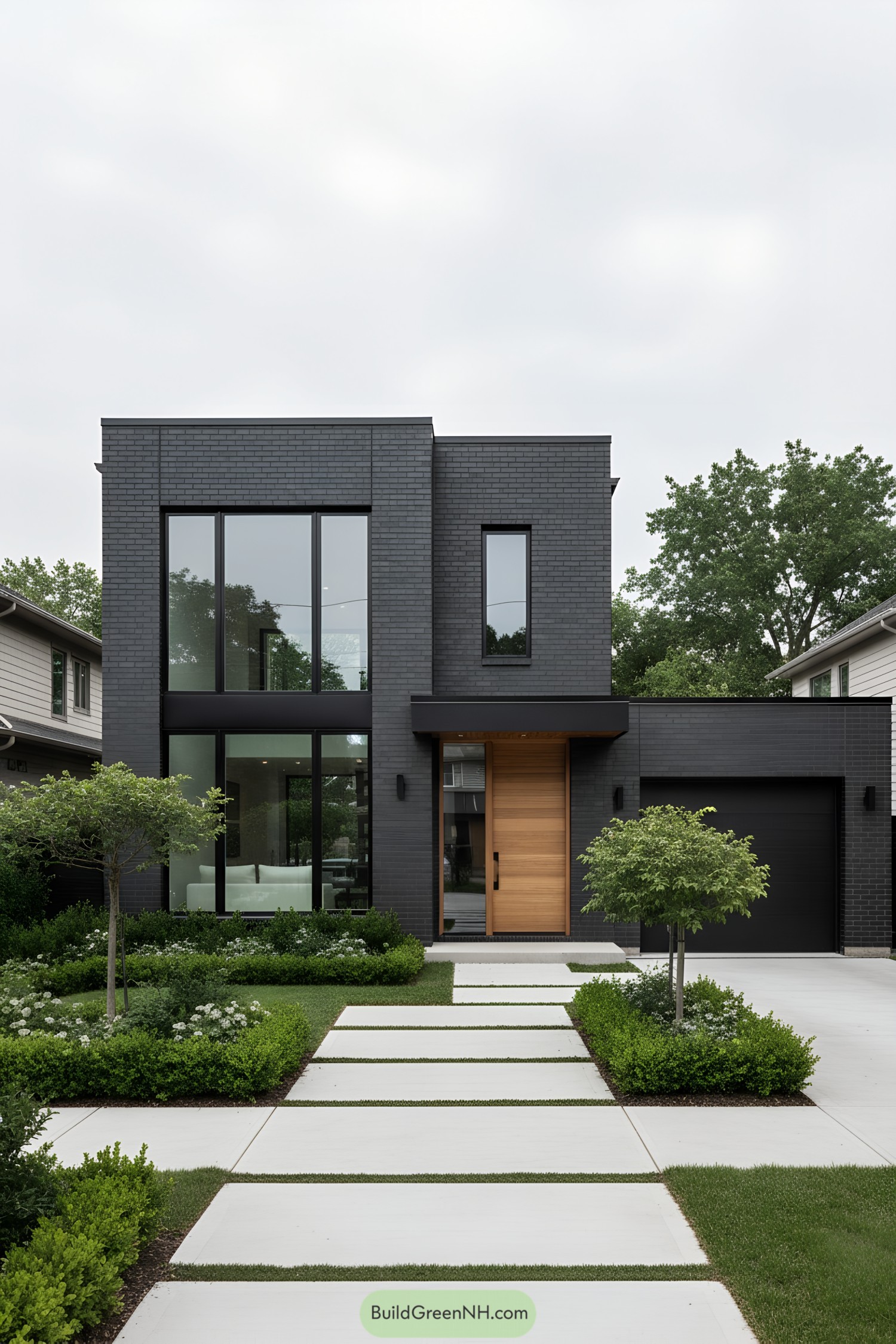Sleek black house with large windows and manicured garden