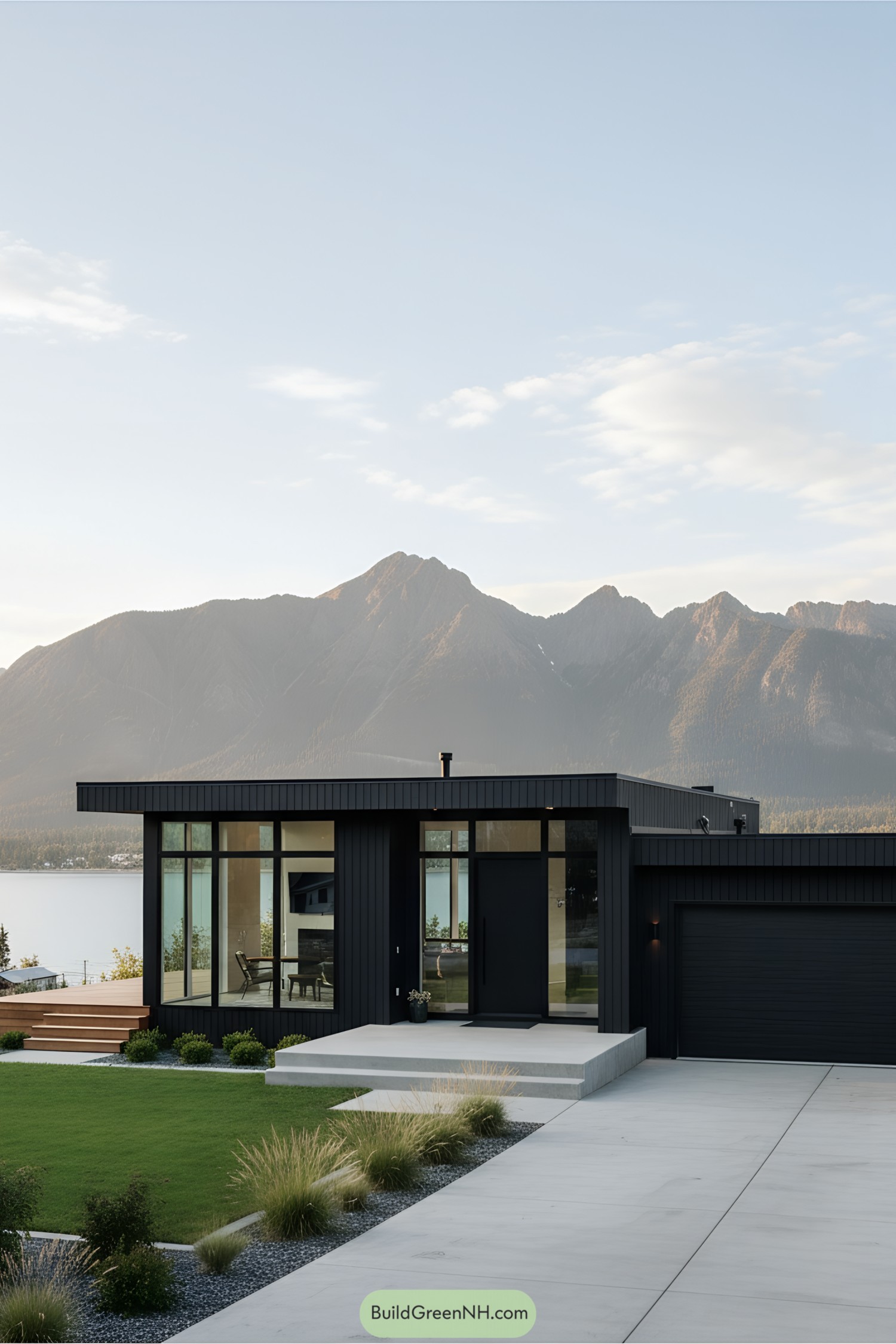Stylish black house with a mountain backdrop