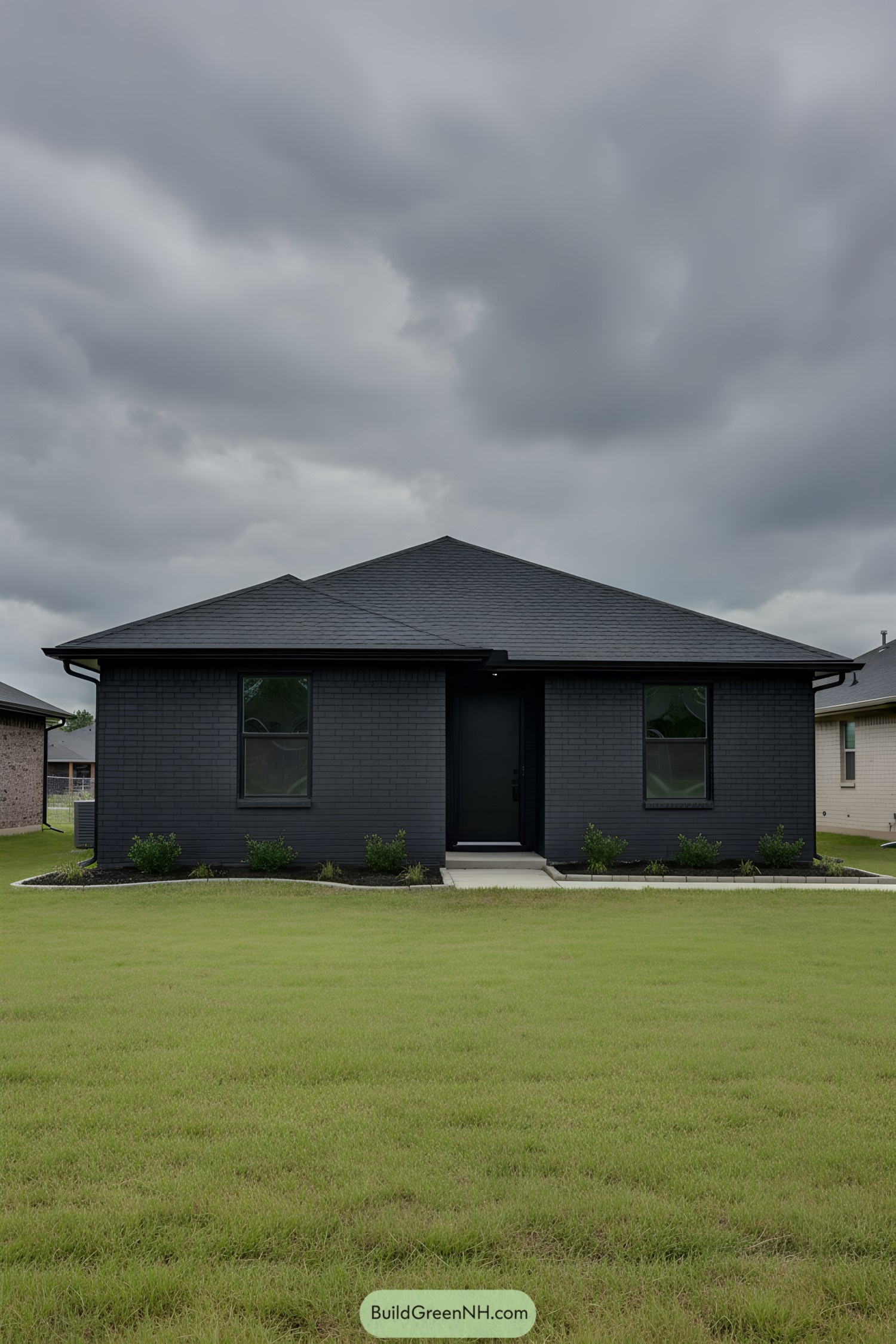 Black suburban house with a sleek design and a simple lawn