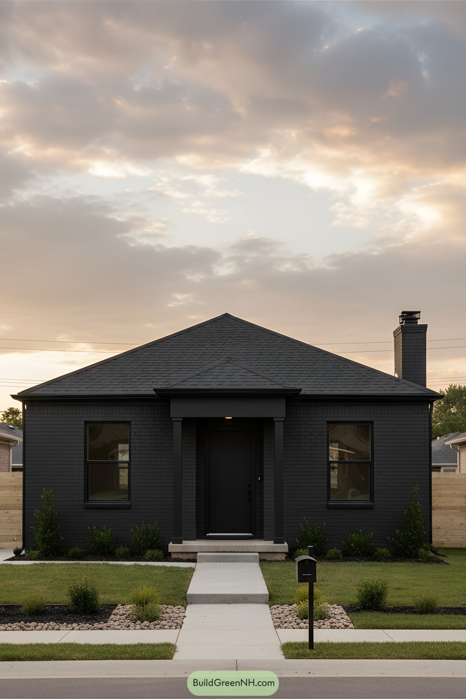 Sleek black suburban home under a dramatic sky