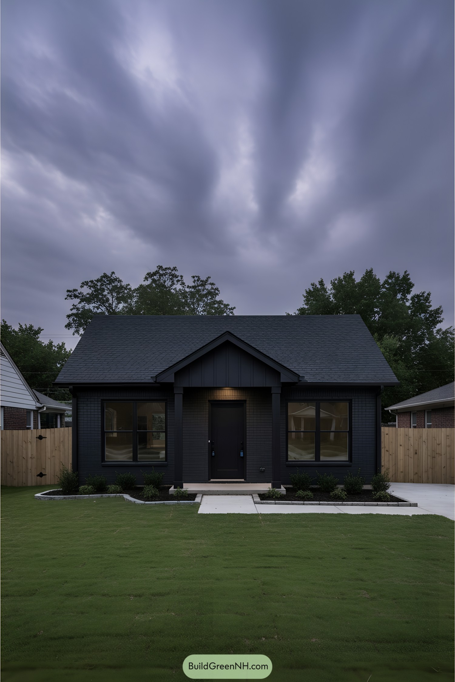 Black suburban house with cloudy sky