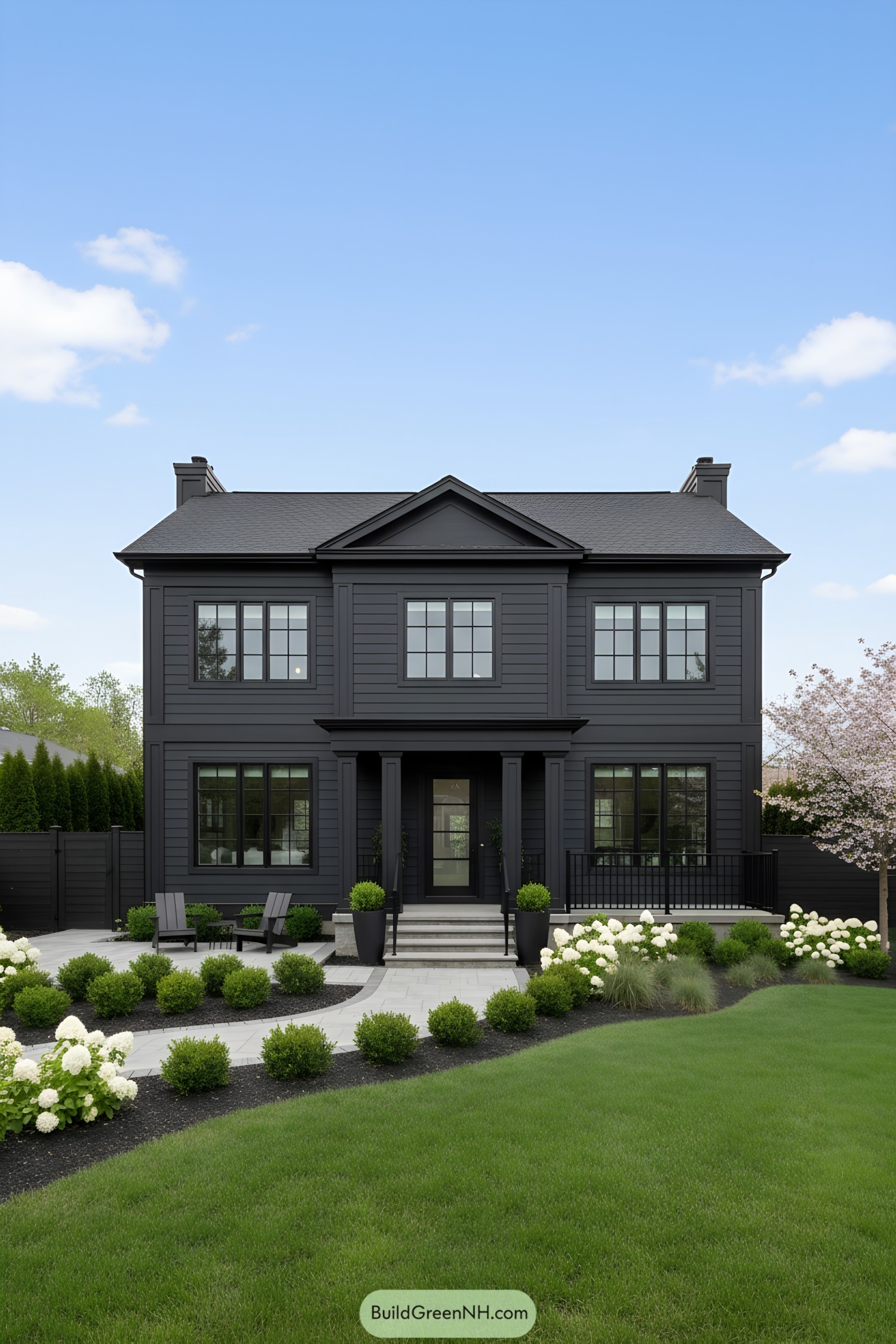 Sleek black suburban house with lush landscaping