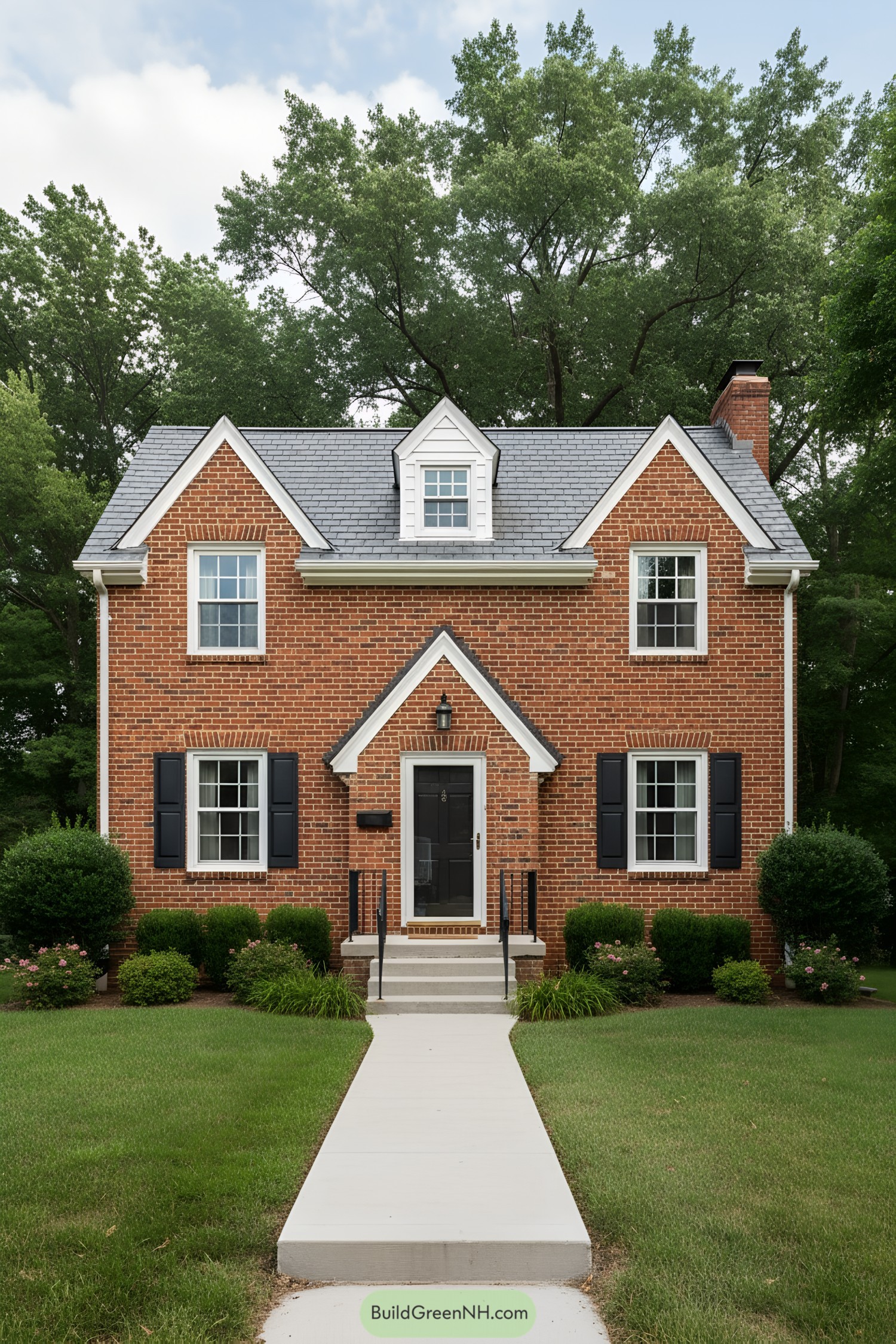 Brick house with a welcoming entrance and greenery