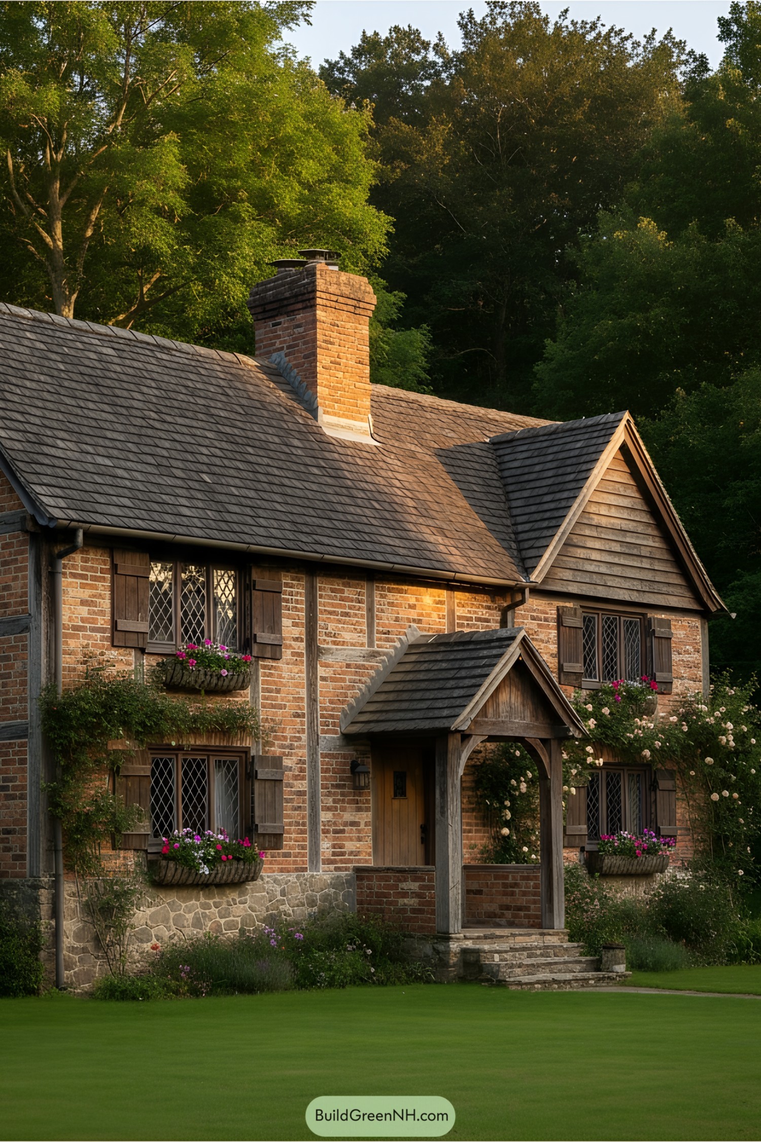 Picture of a charming brick cottage surrounded by greenery