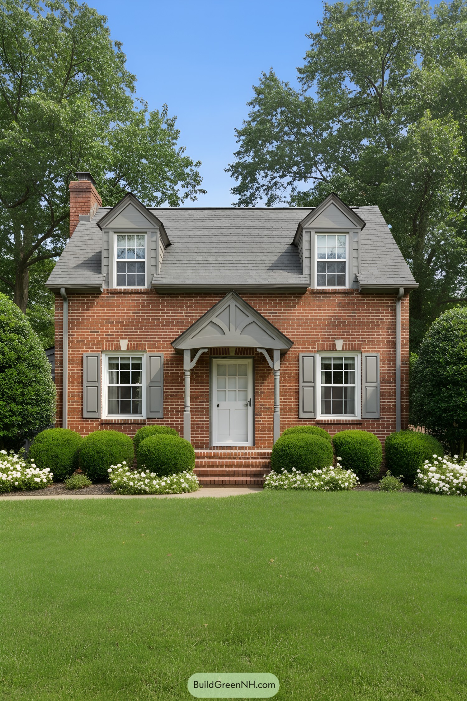 Quaint brick cottage with gray shutters and lush garden