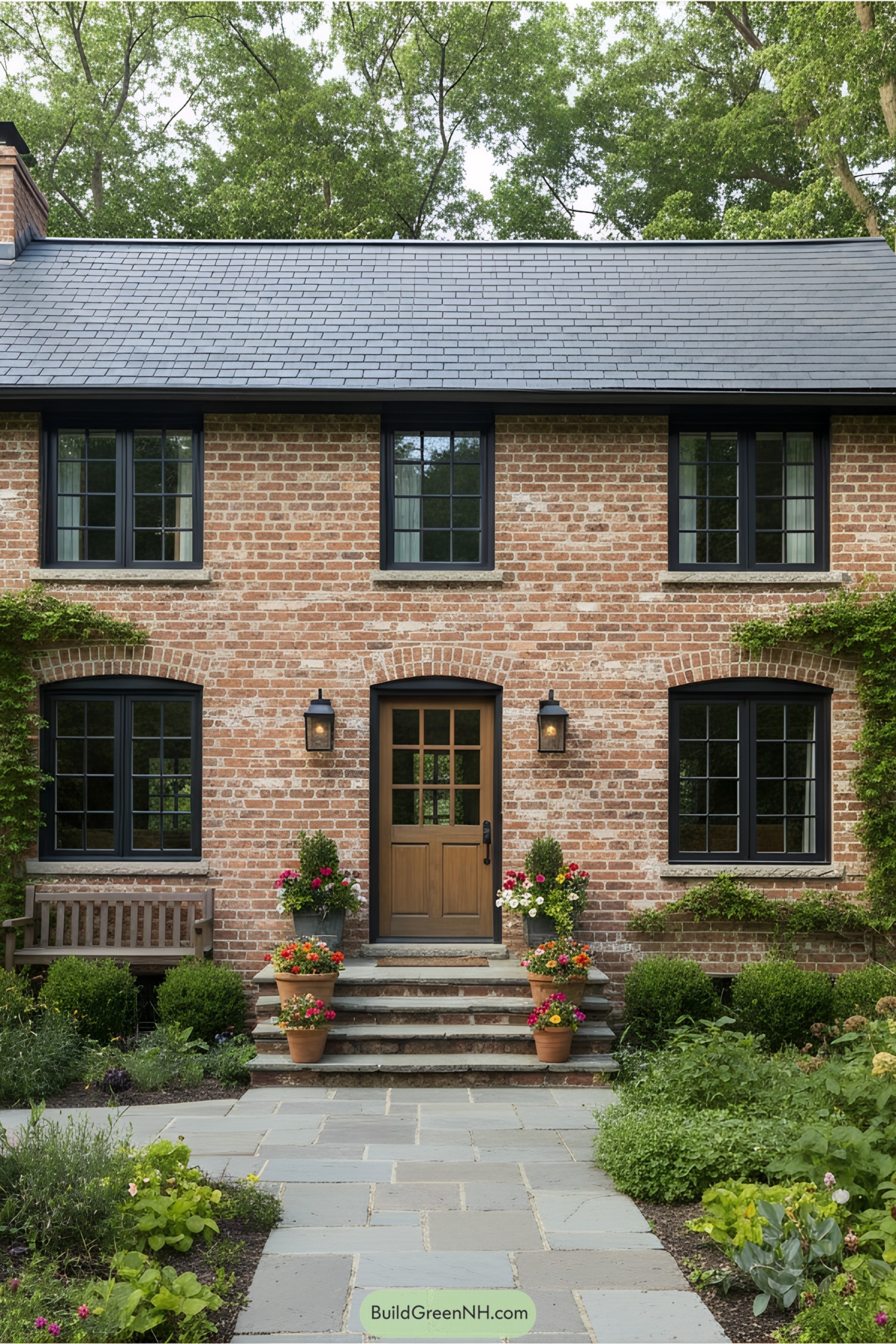 Brick cottage surrounded by lush greenery and vibrant flowers