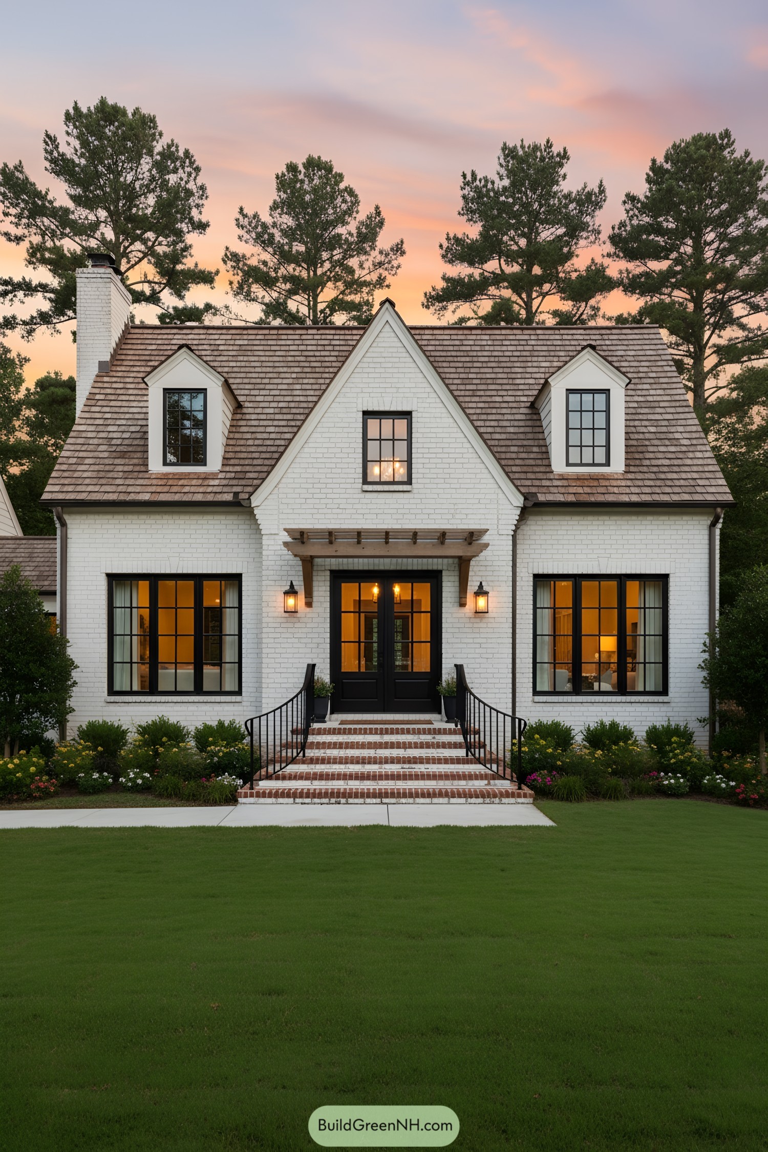 Brick cottage with gabled roof and lush front yard