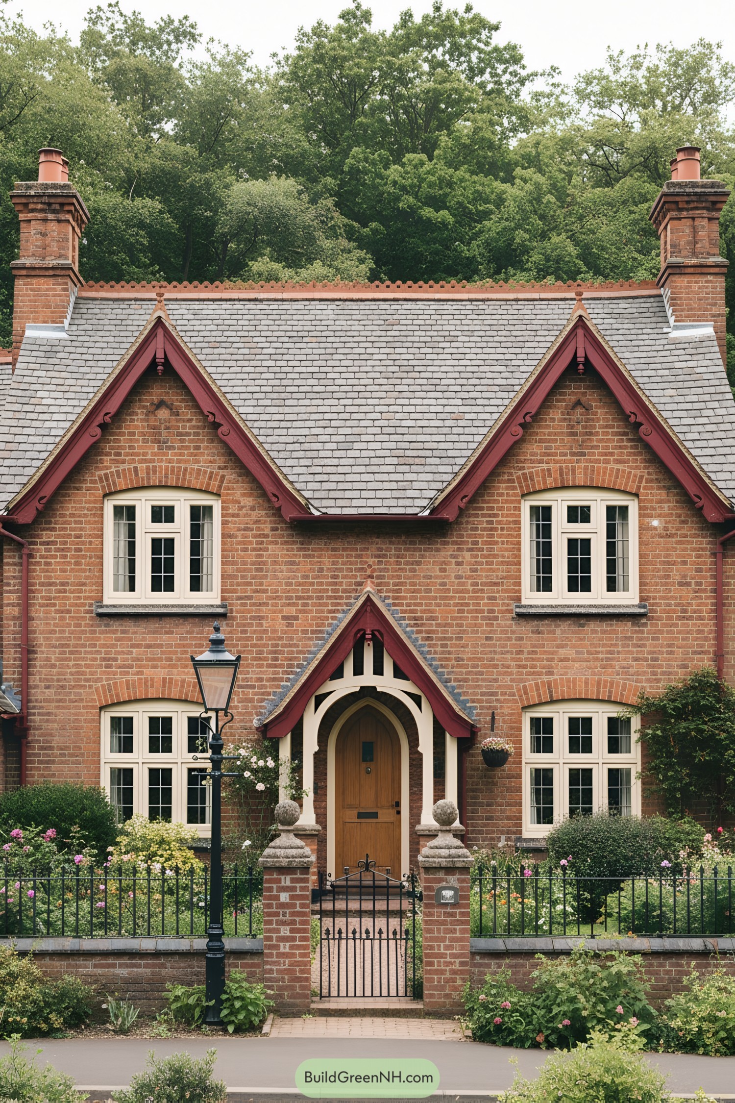 Quaint brick house with a red gable roof and arched doorway