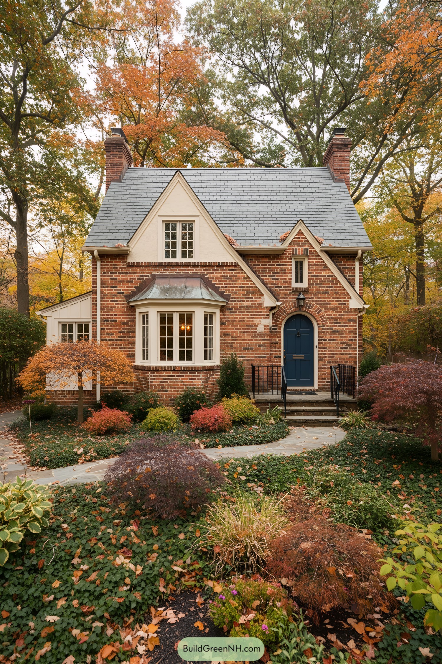 Brick cottage with a blue door and autumn trees