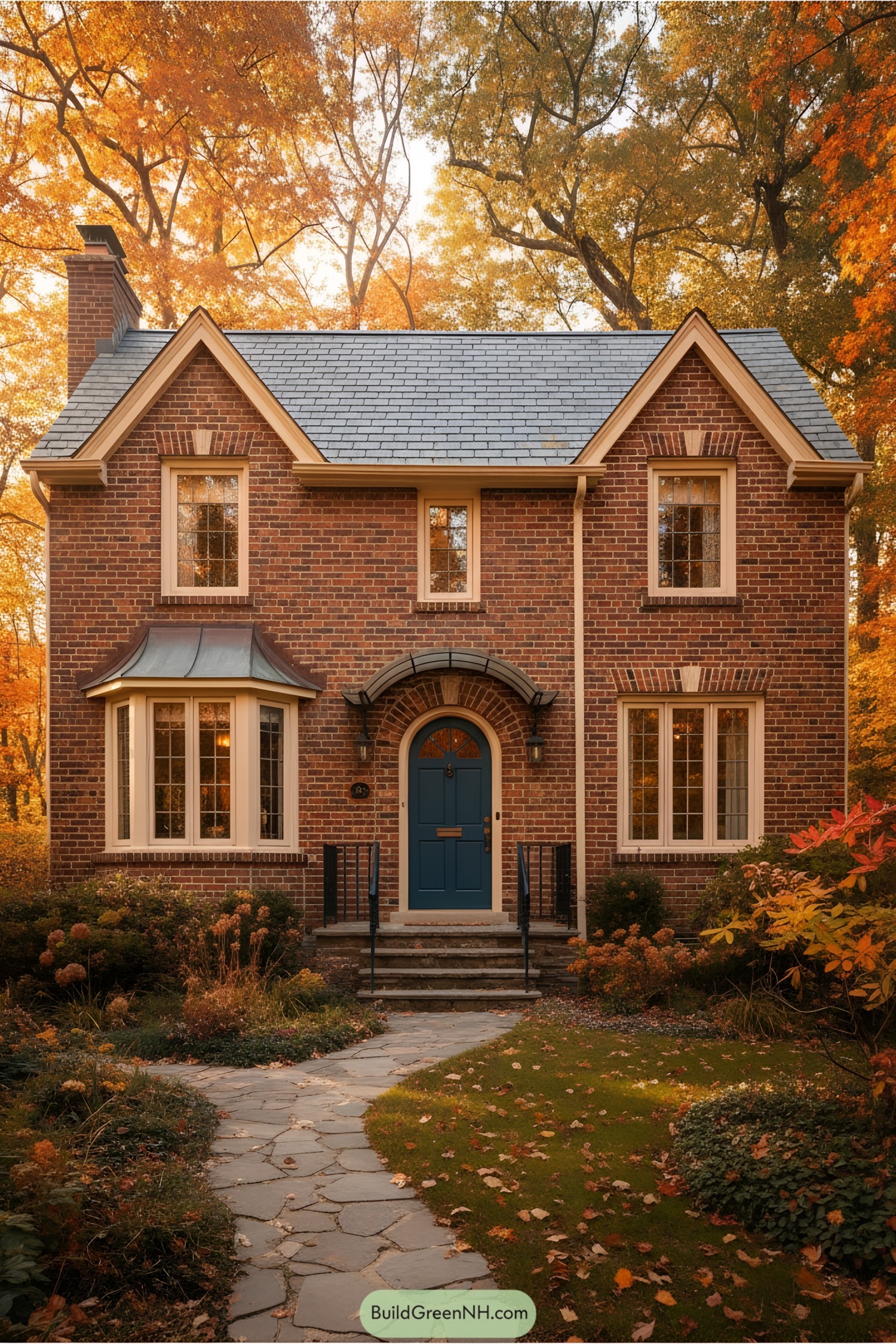 Brick cottage surrounded by fall foliage
