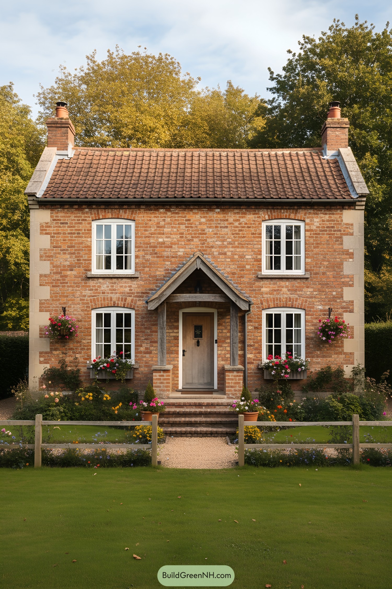 Charming brick cottage with arched windows and flower-adorned path