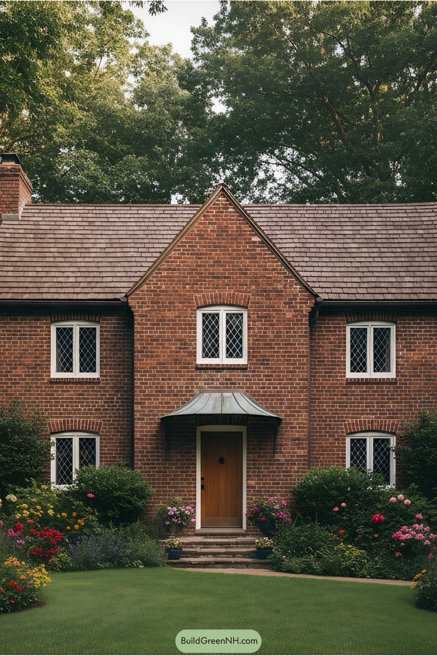 Quaint brick cottage with a wooden doorway and colorful garden